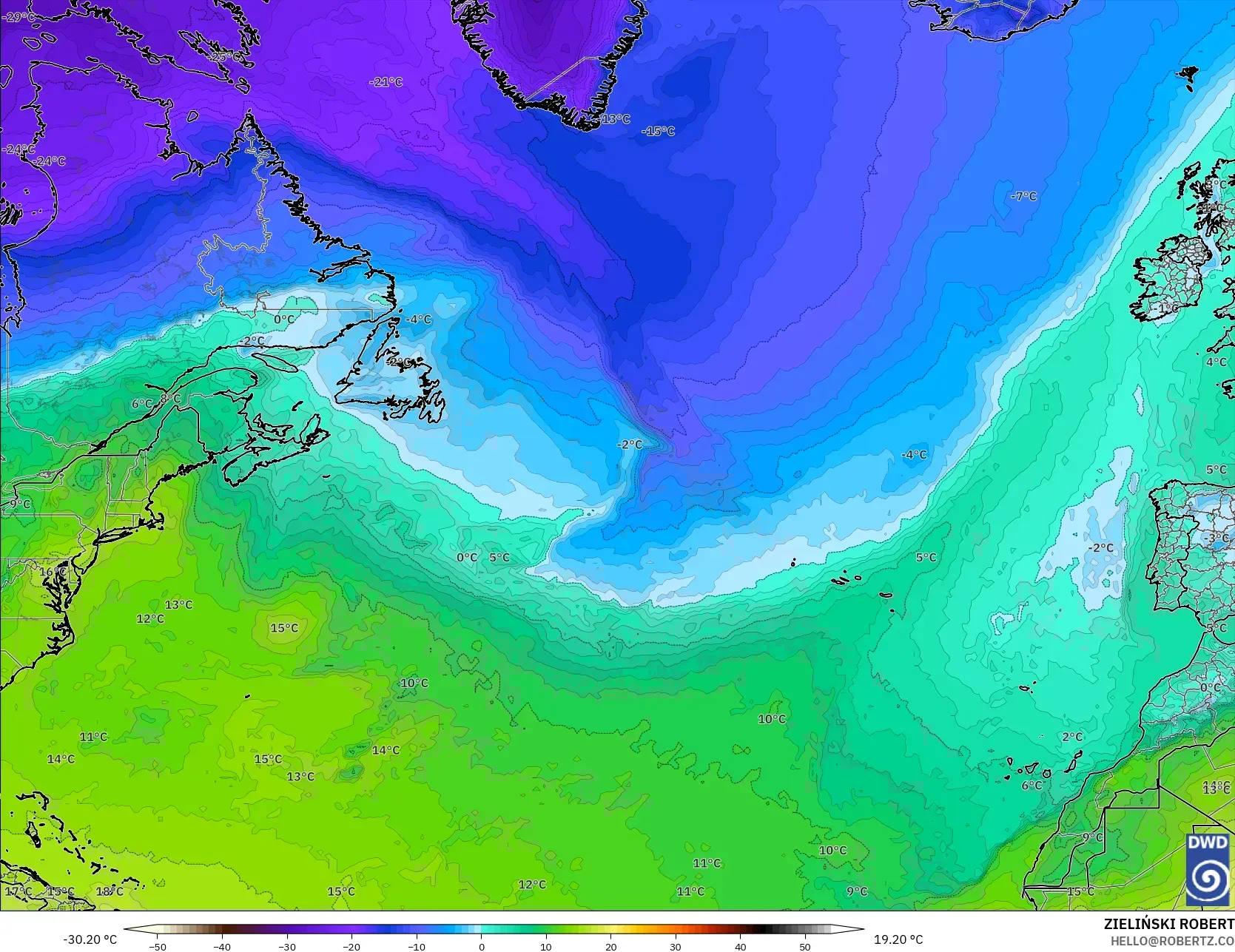 ICON model - North Atlantic, Temperature at 850hPa
