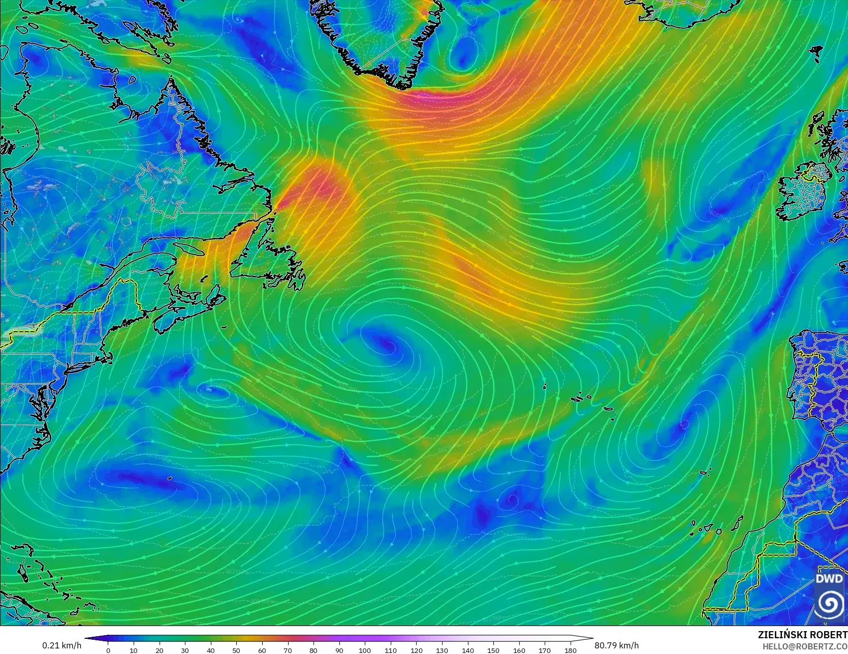 ICON model - North Atlantic, Wind at 10m