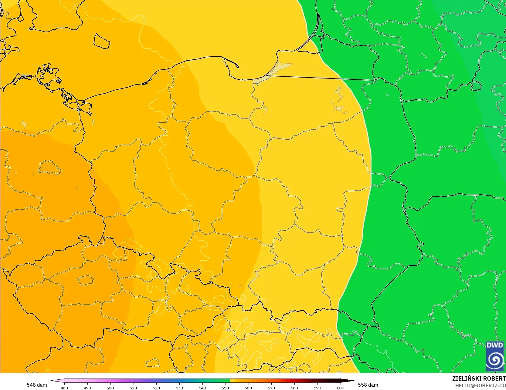 ICON model - Poland, Geopotential height at 500hPa