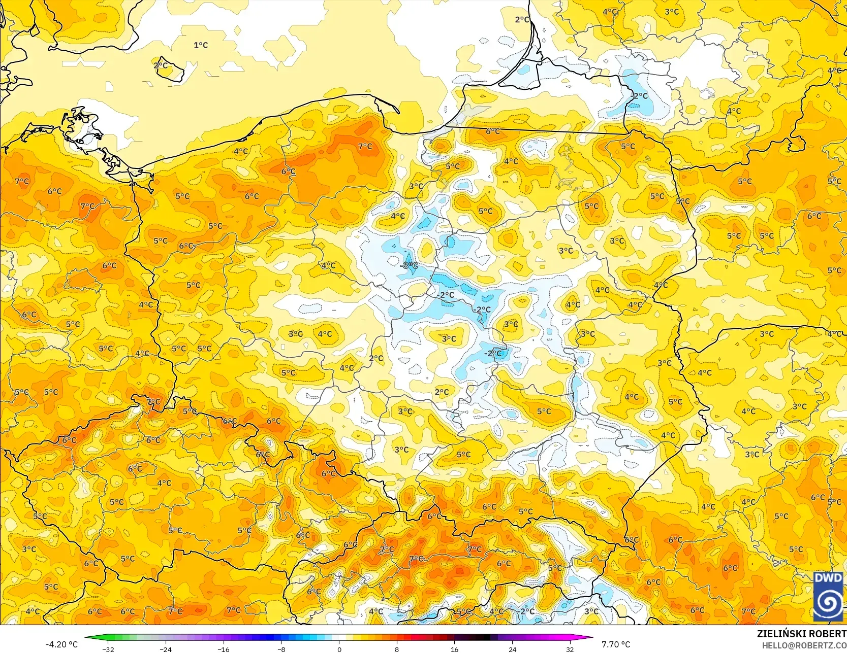 ICON model - Poland, Temperature at 2m Anomaly
