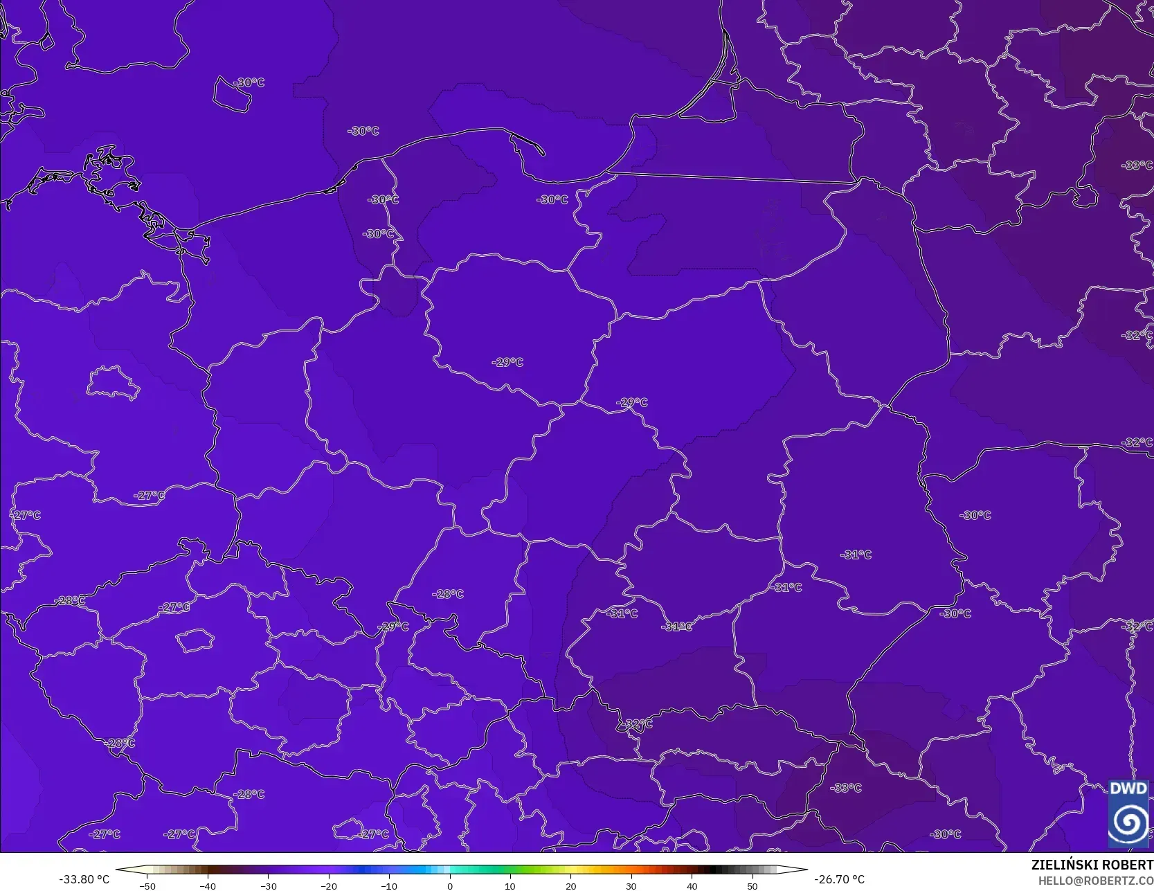 ICON model - Poland, Temperature at 500hPa