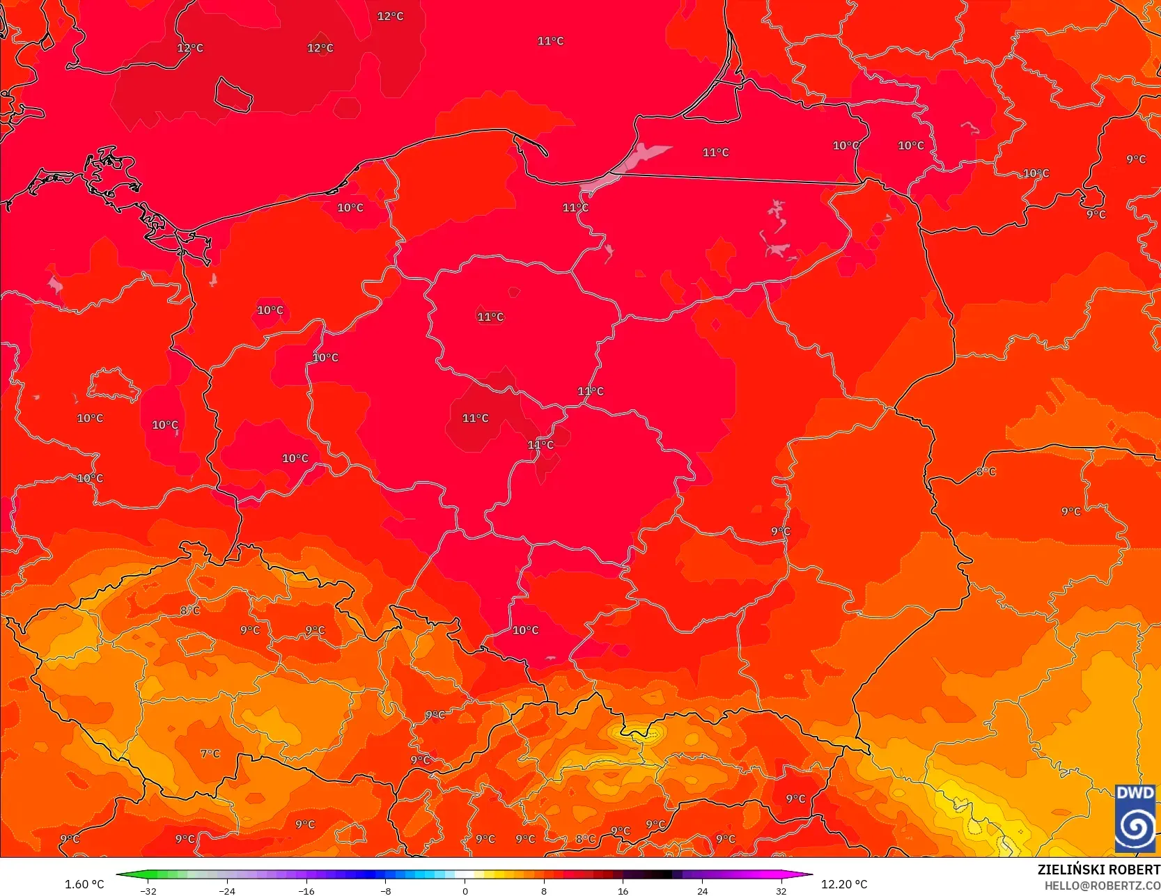 ICON model - Poland, Temperature at 850hPa Anomaly
