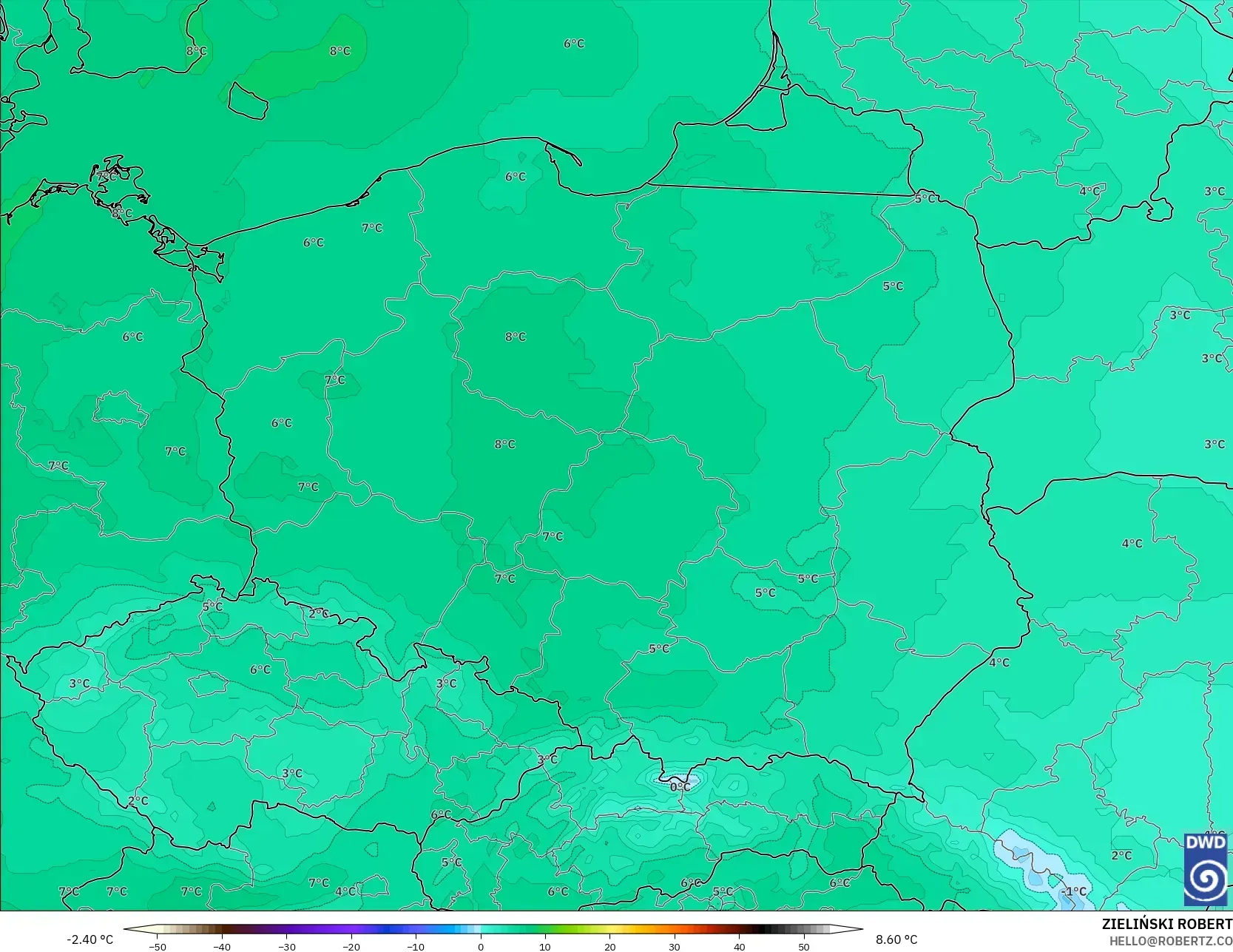 ICON model - Poland, Temperature at 850hPa