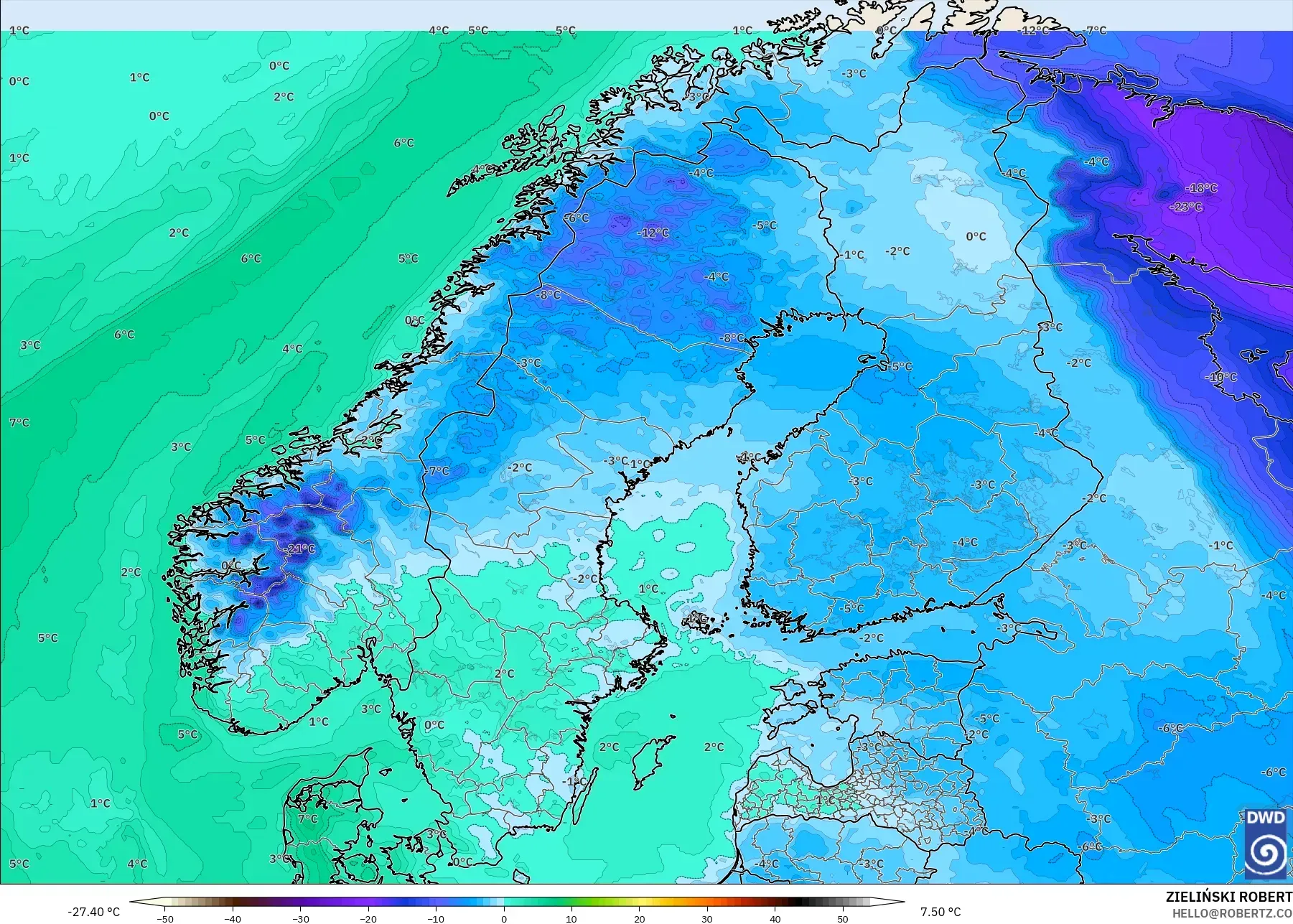 ICON model - Scandinavia, Dewpoint at 2m