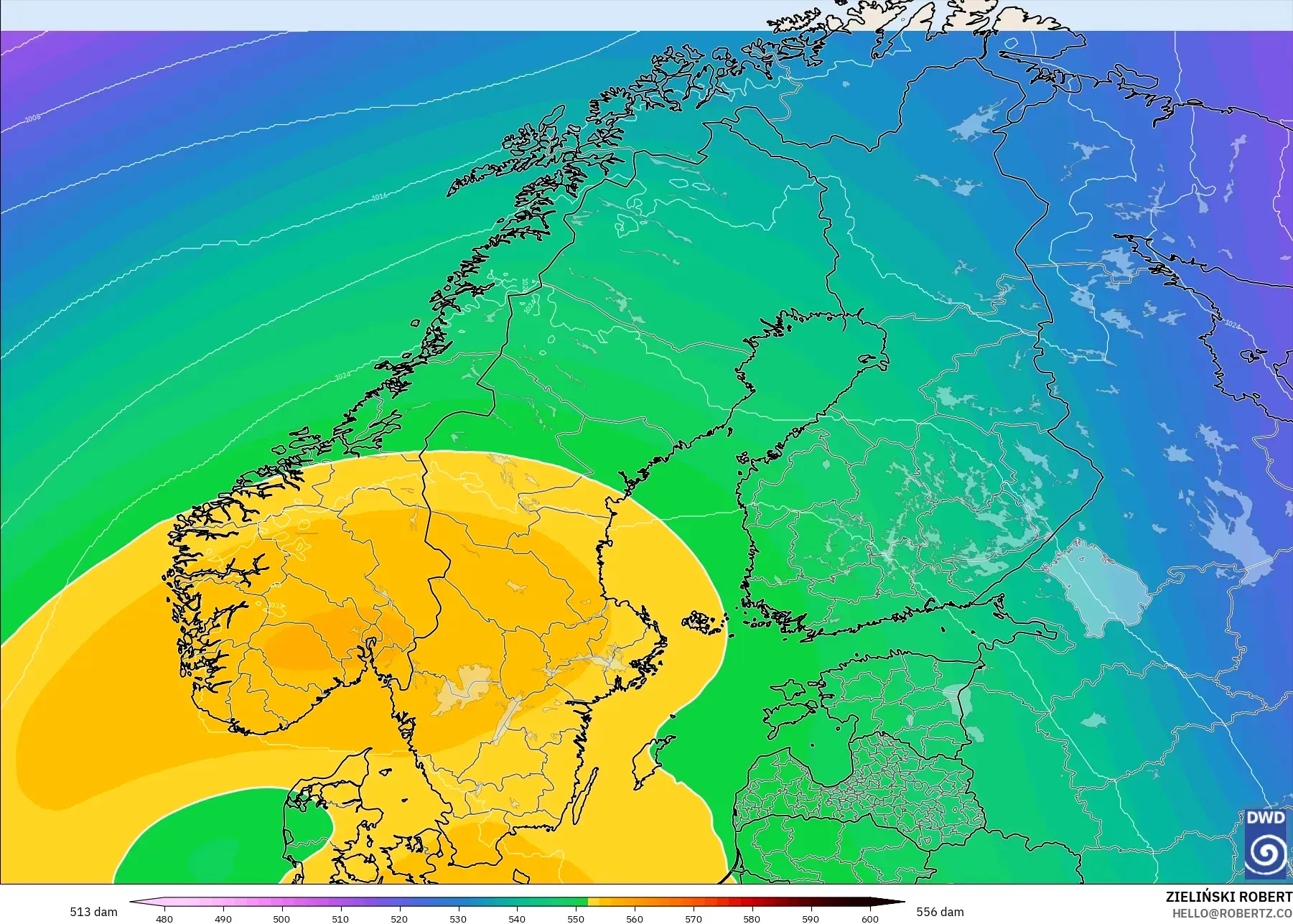 ICON model - Scandinavia, Geopotential height at 500hPa