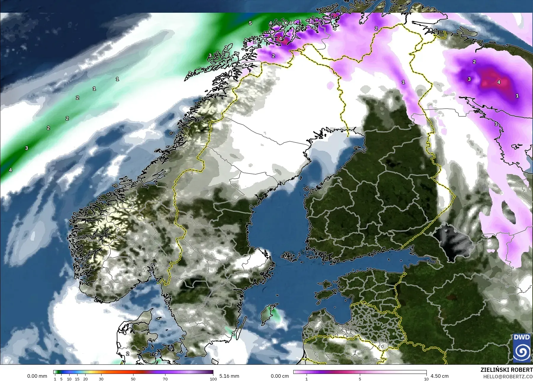 ICON model - Scandinavia, Precipitation, Clouds, and Pressure