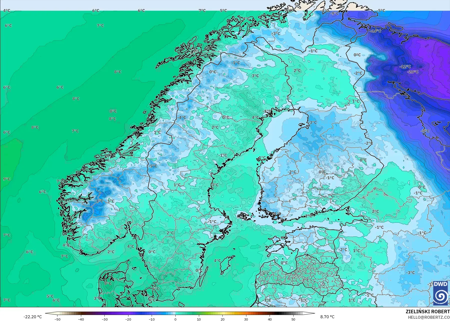 ICON model - Scandinavia, Temperature at 2m