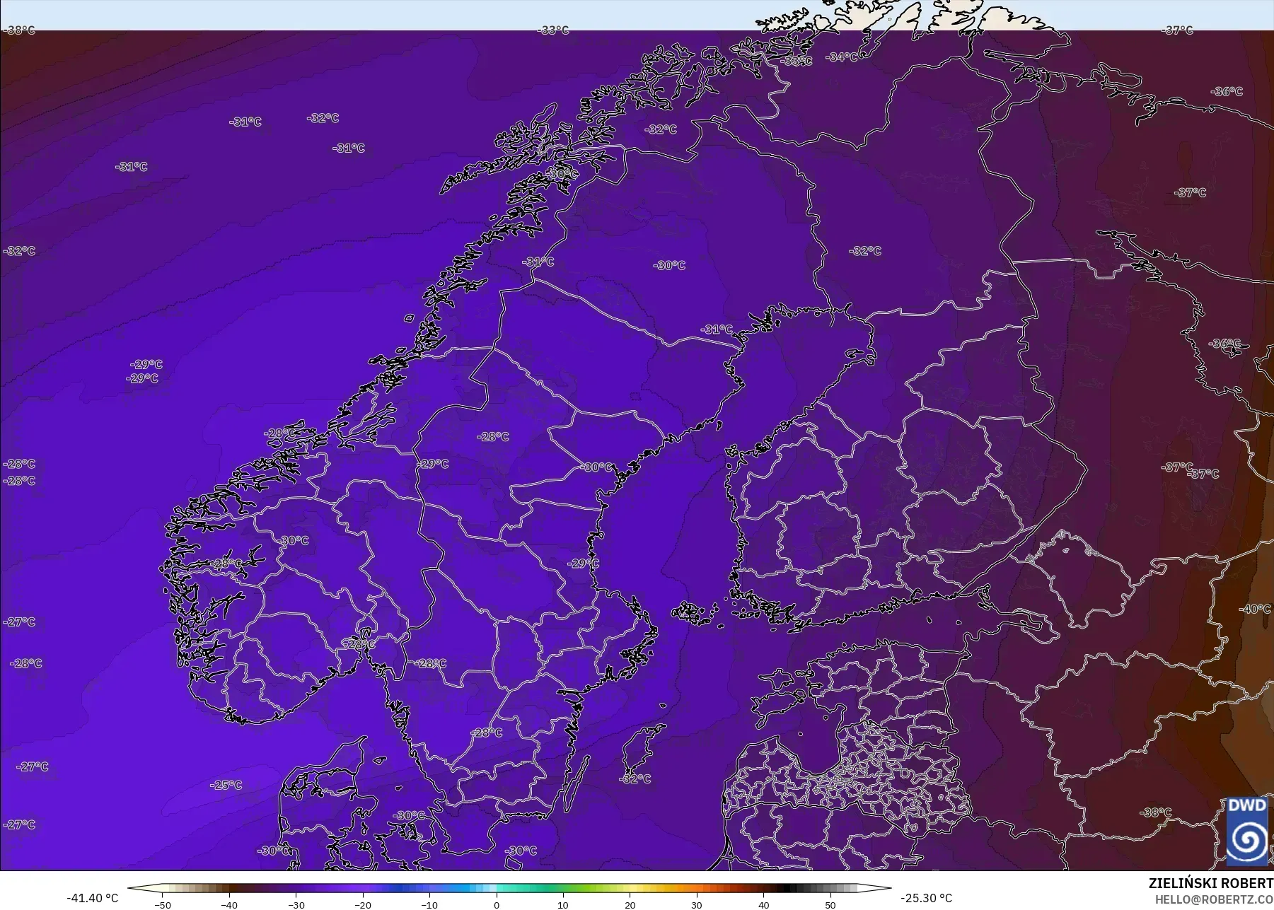 ICON model - Scandinavia, Temperature at 500hPa