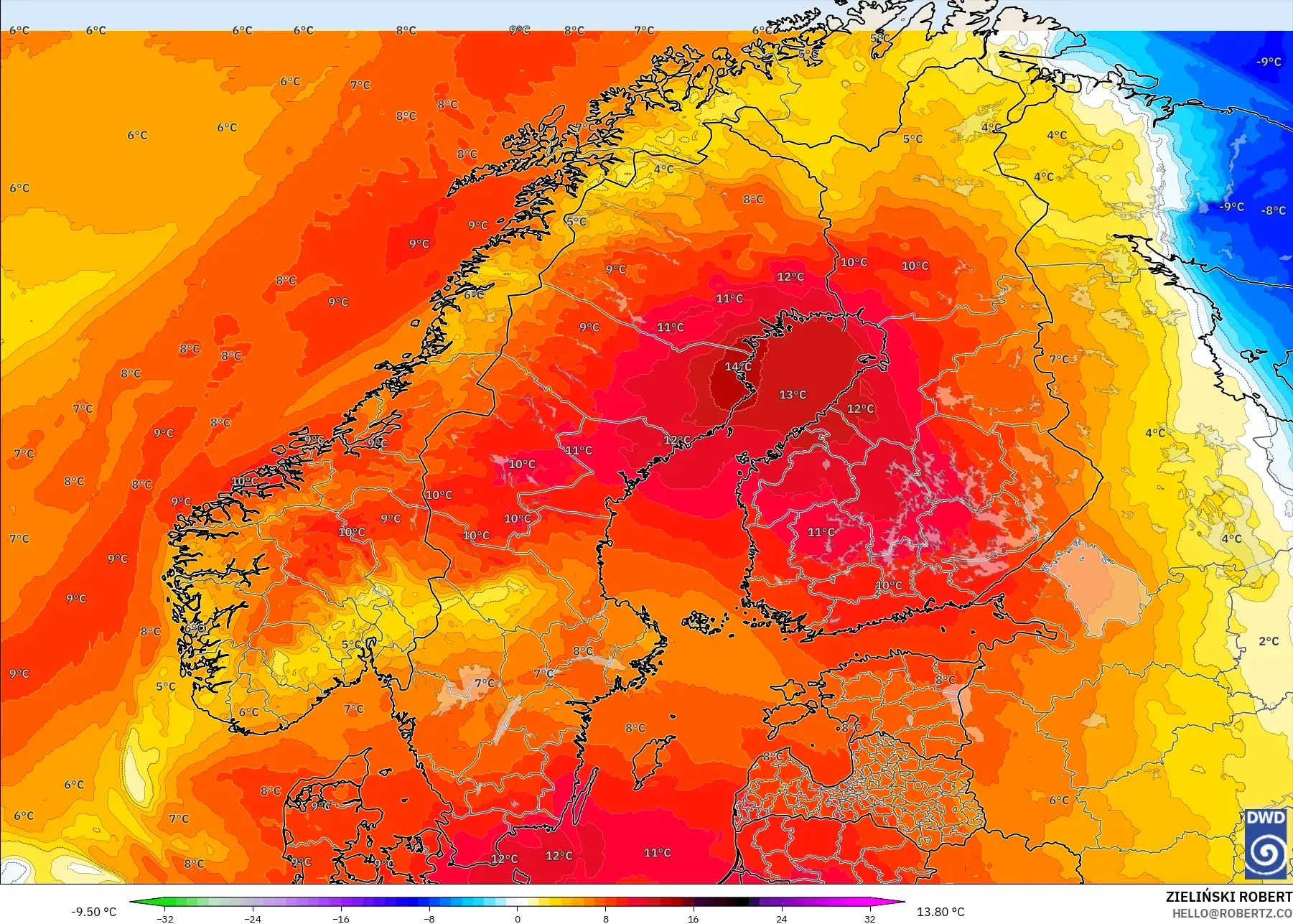 ICON model - Scandinavia, Temperature at 850hPa Anomaly