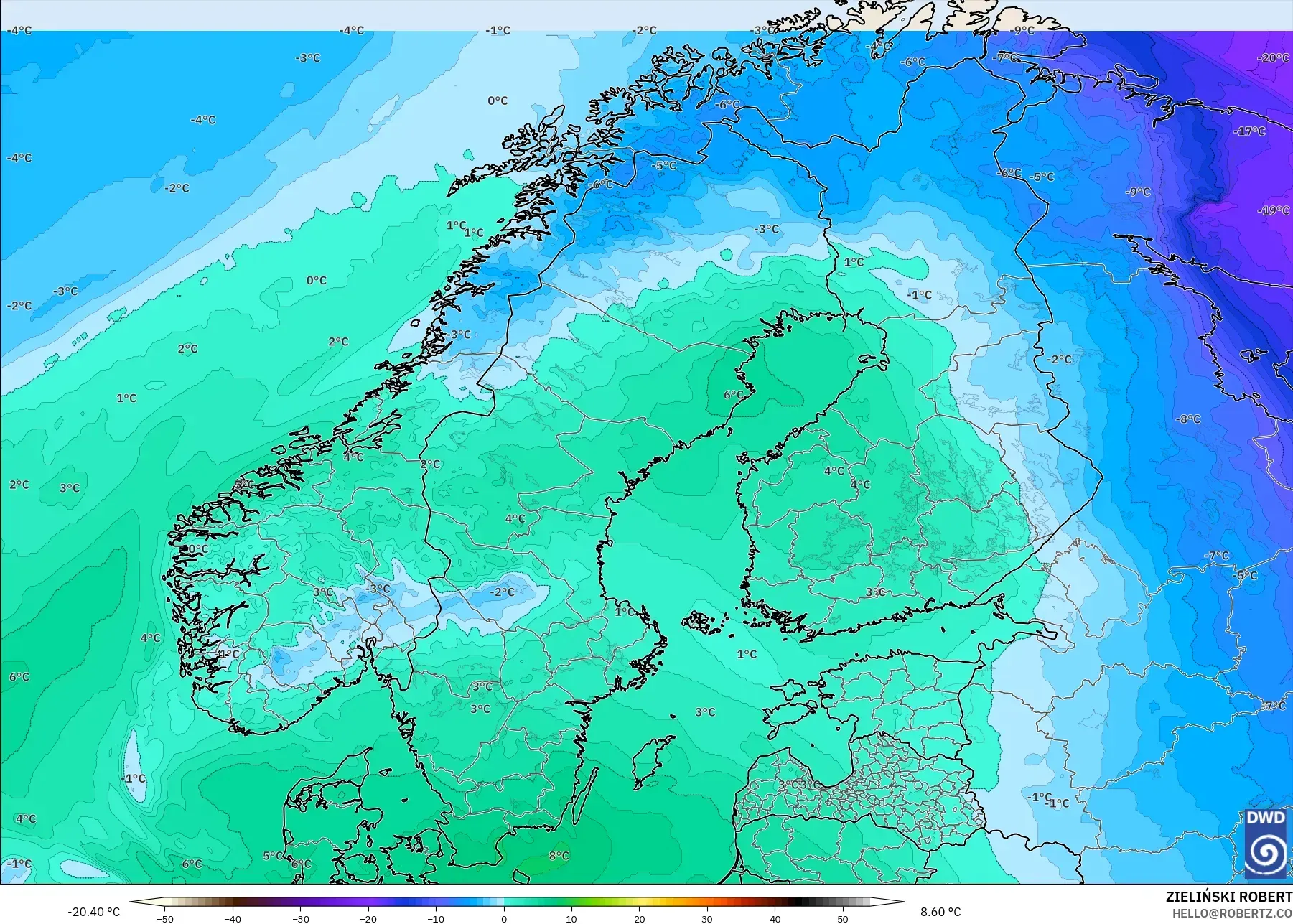 ICON model - Scandinavia, Temperature at 850hPa