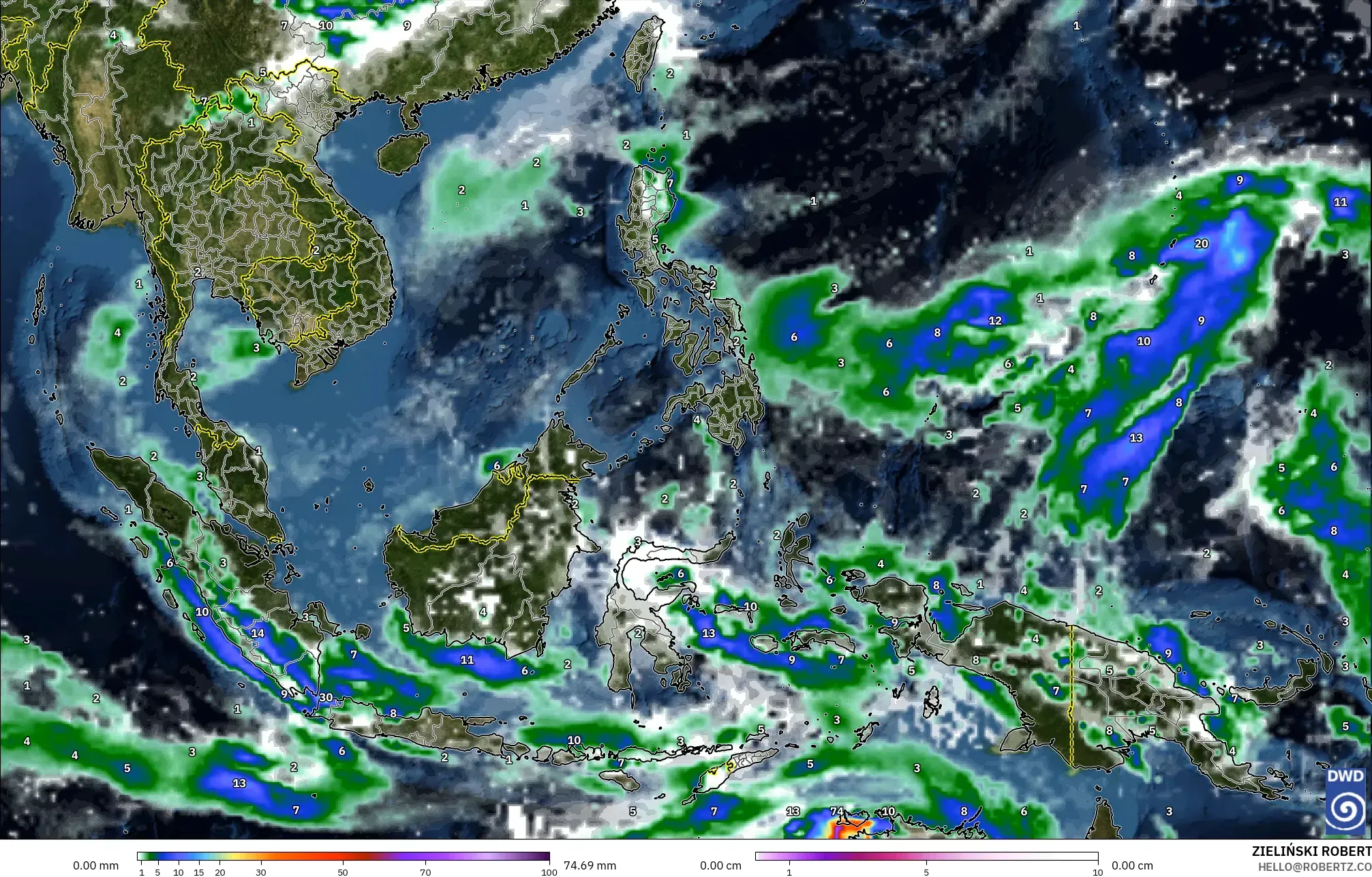 ICON model - South East Asia, Precipitation, Clouds, and Pressure