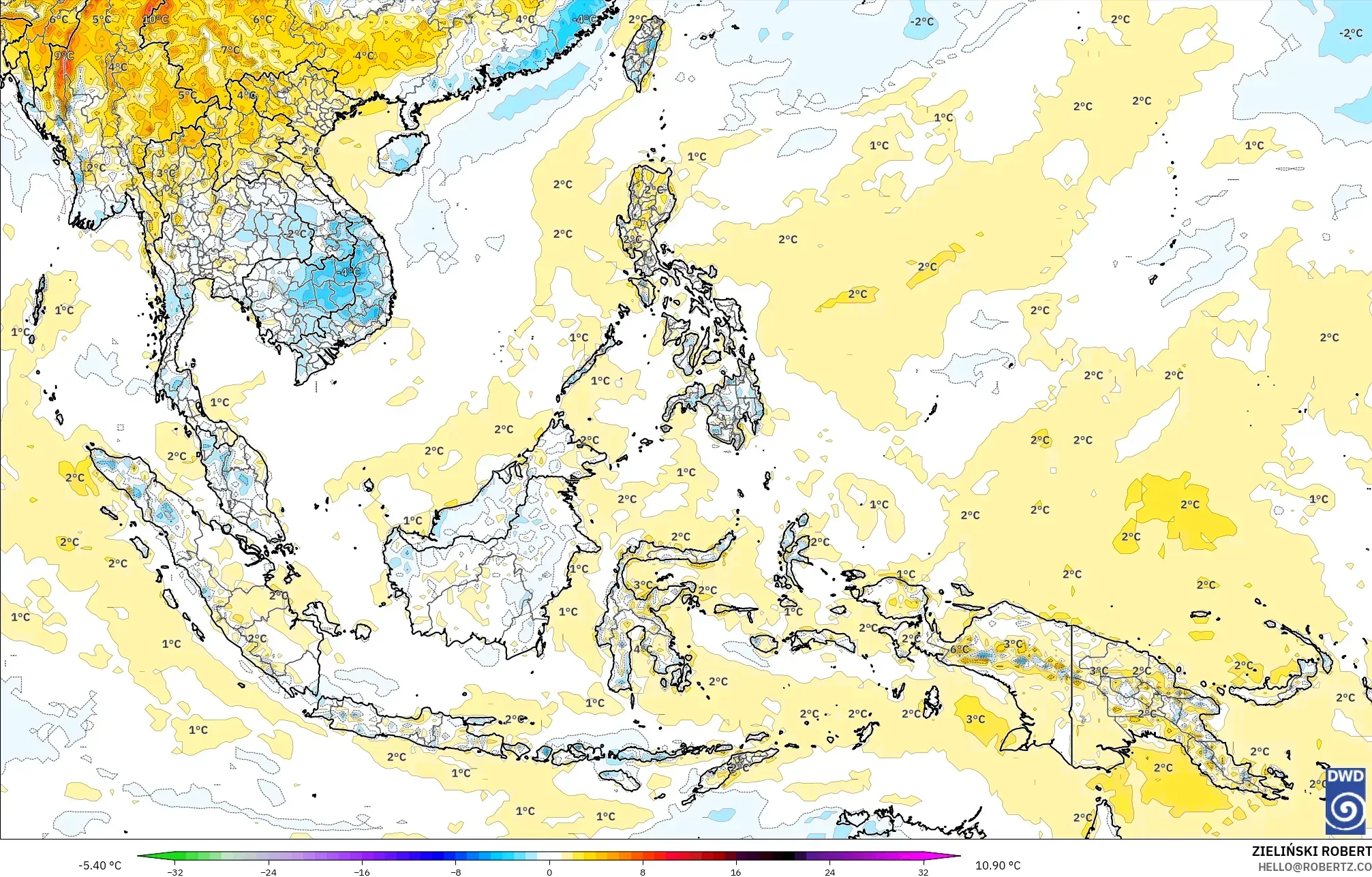 ICON model - South East Asia, Temperature at 2m Anomaly