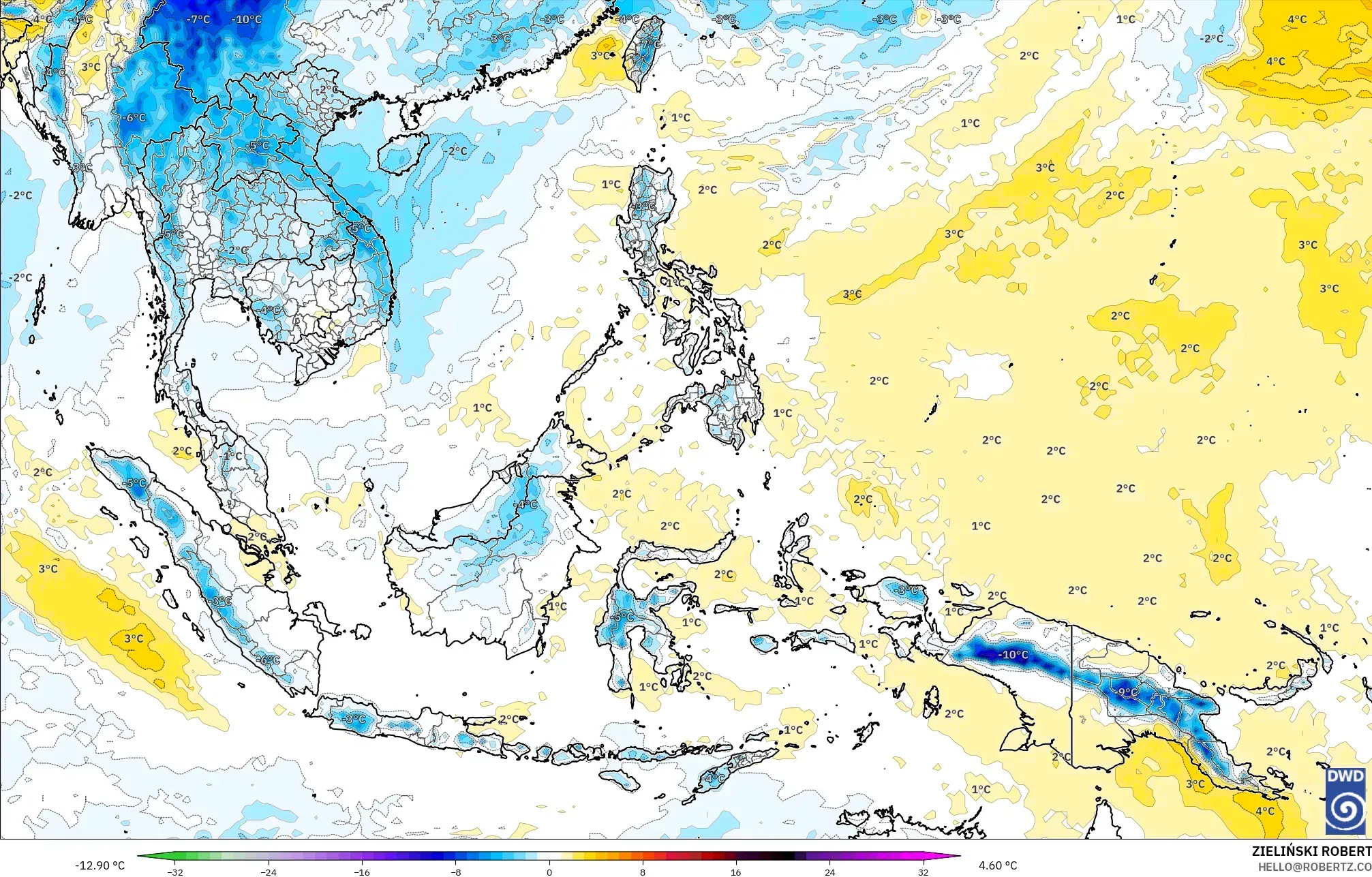ICON model - South East Asia, Temperature at 850hPa Anomaly