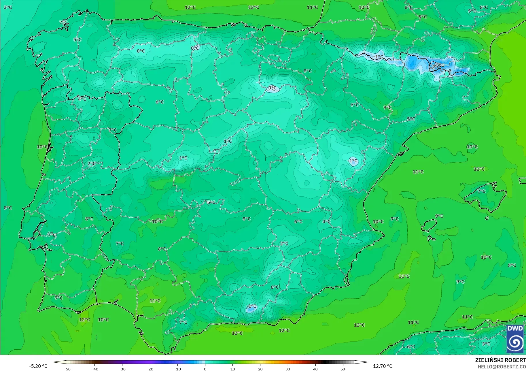 ICON model - Spain, Dewpoint at 2m