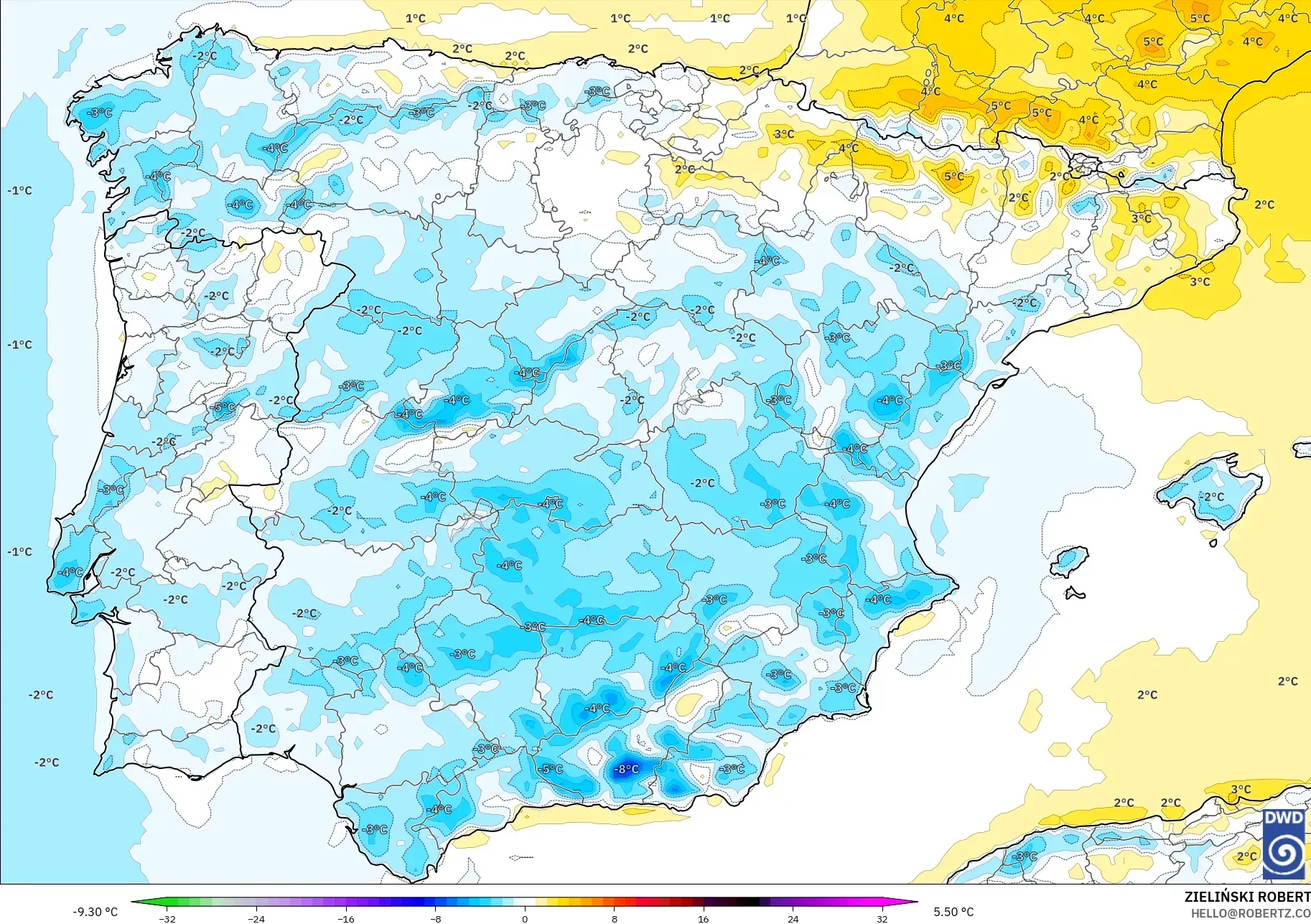 ICON model - Spain, Temperature at 2m Anomaly