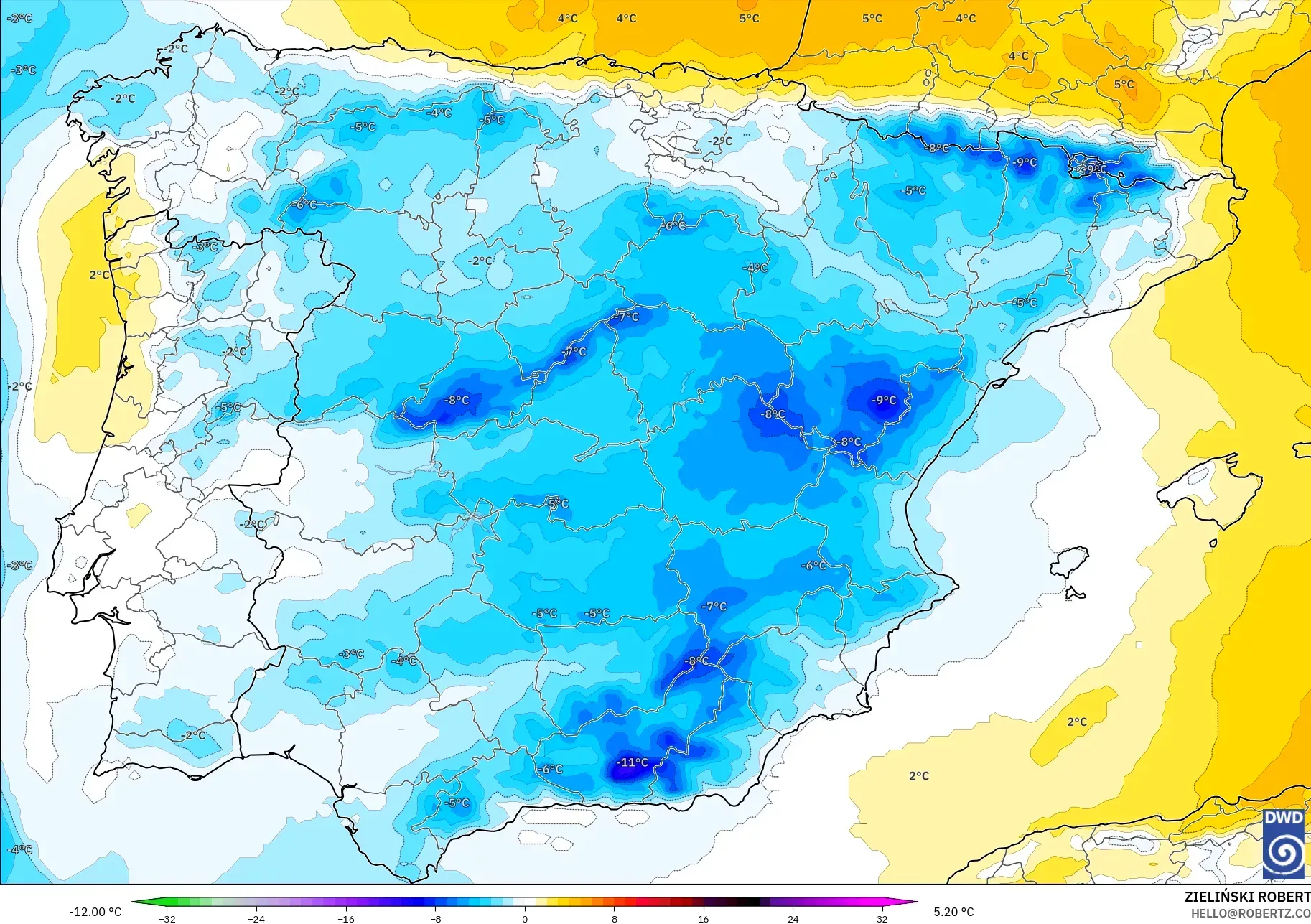 ICON model - Spain, Temperature at 850hPa Anomaly