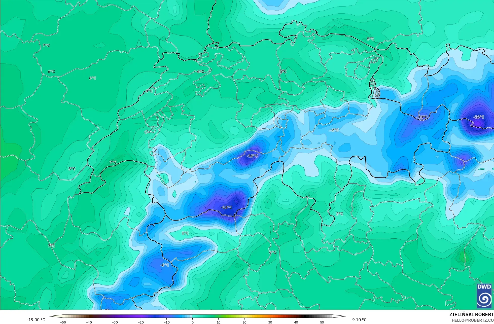 ICON model - Switzerland, Dewpoint at 2m