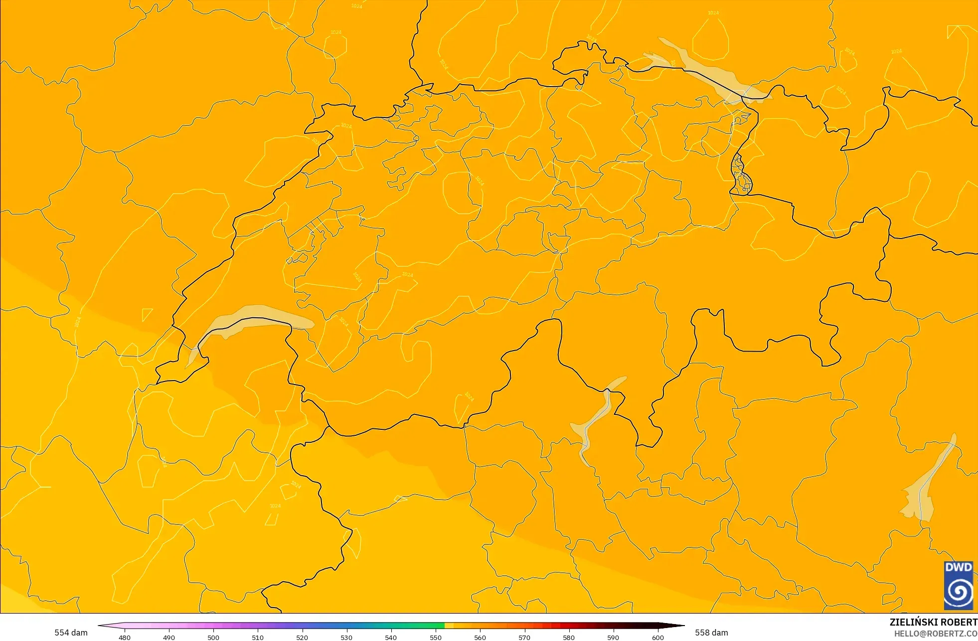 ICON model - Switzerland, Geopotential height at 500hPa