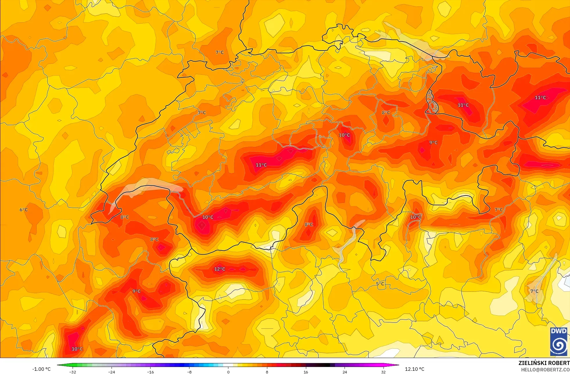 ICON model - Switzerland, Temperature at 2m Anomaly