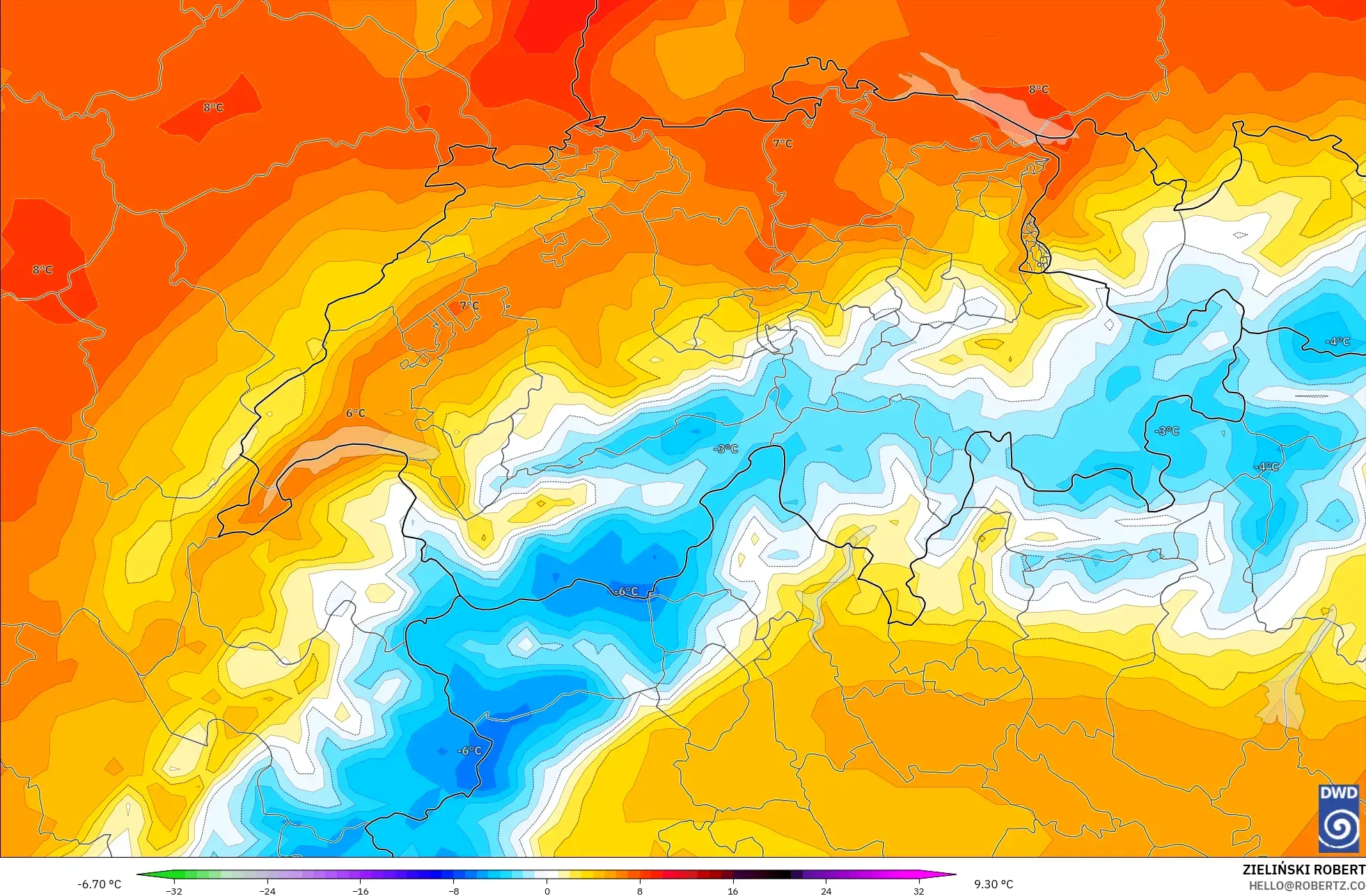 ICON model - Switzerland, Temperature at 850hPa Anomaly