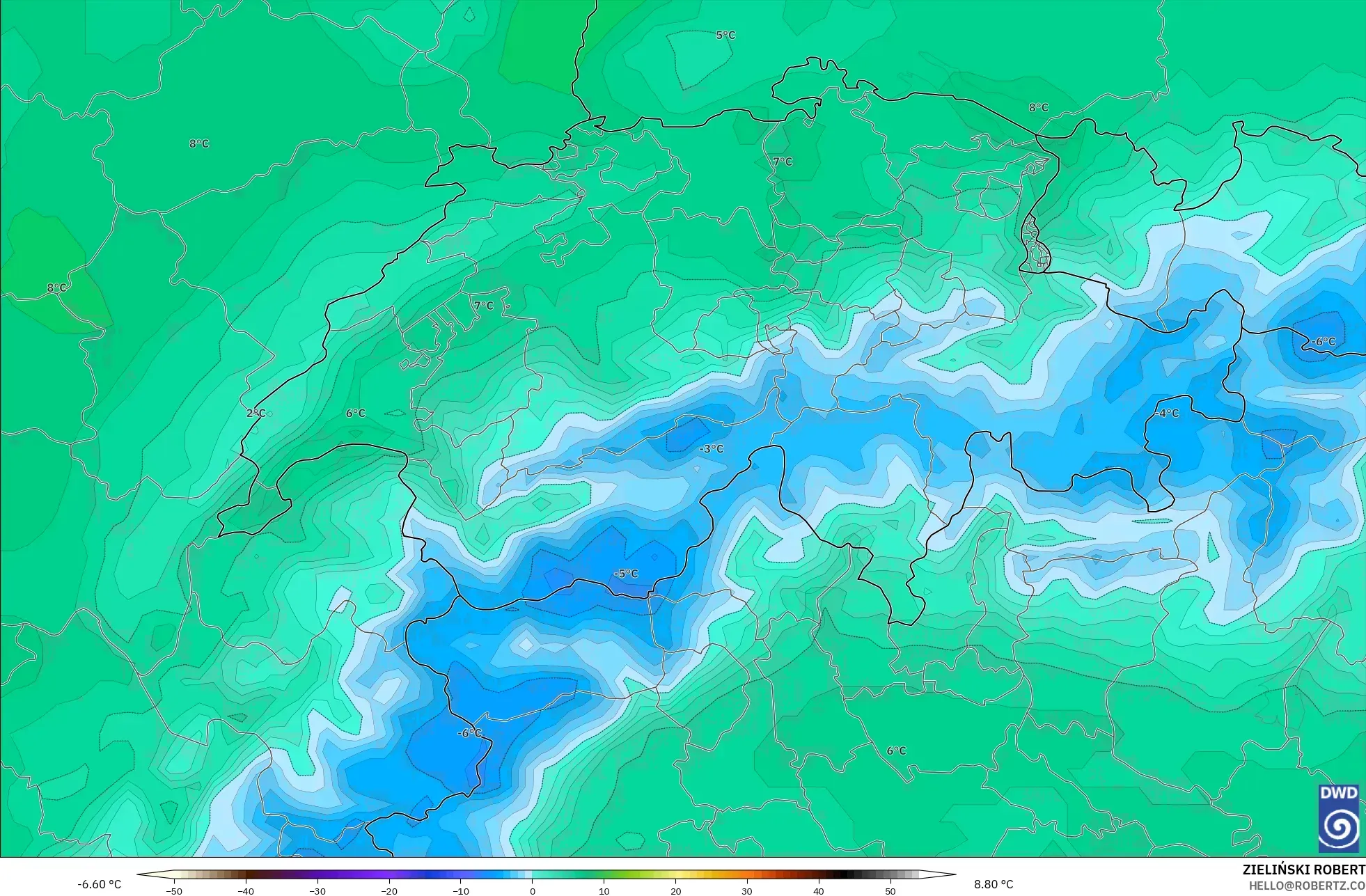 ICON model - Switzerland, Temperature at 850hPa