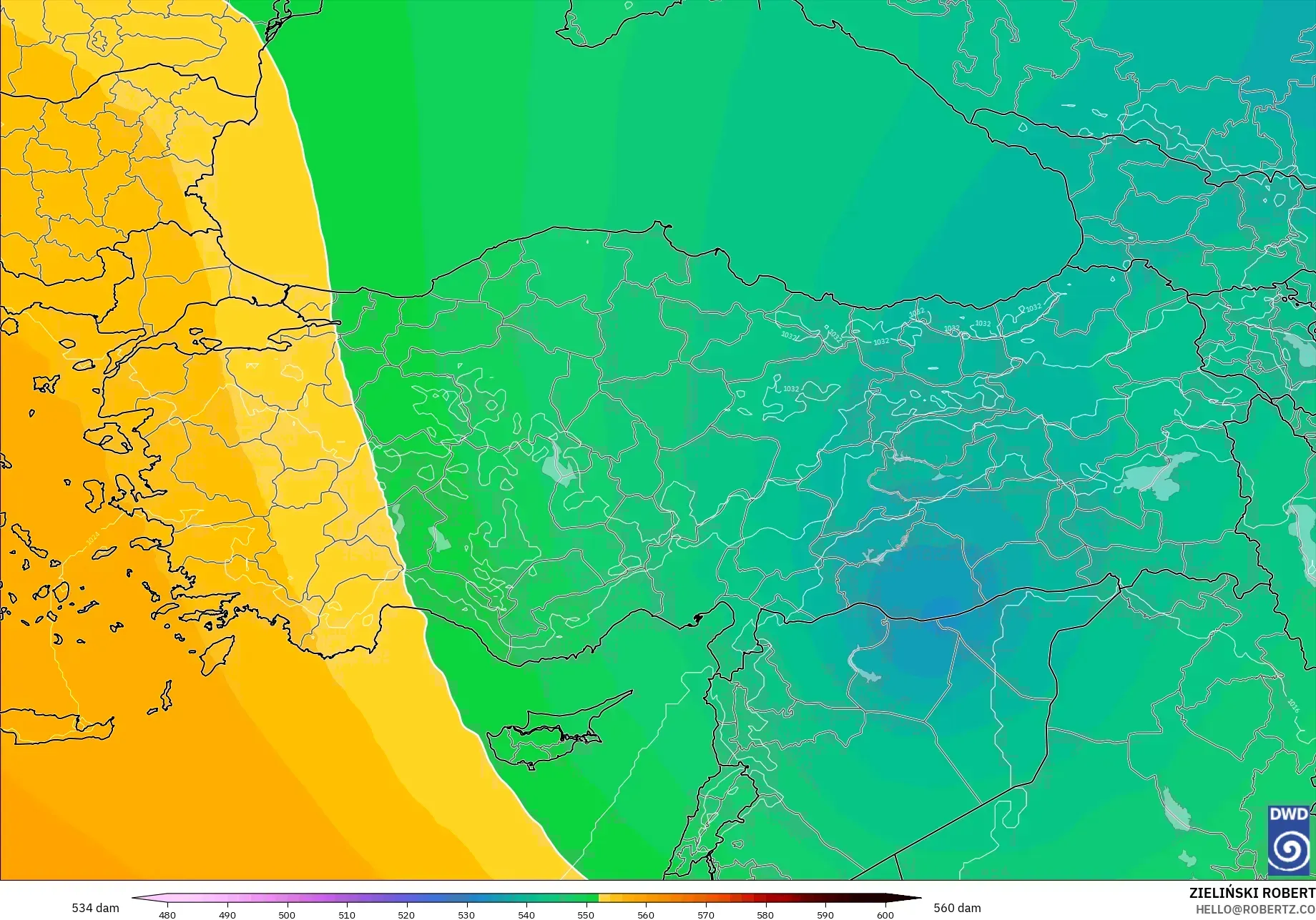 ICON model - Turkey, Geopotential height at 500hPa
