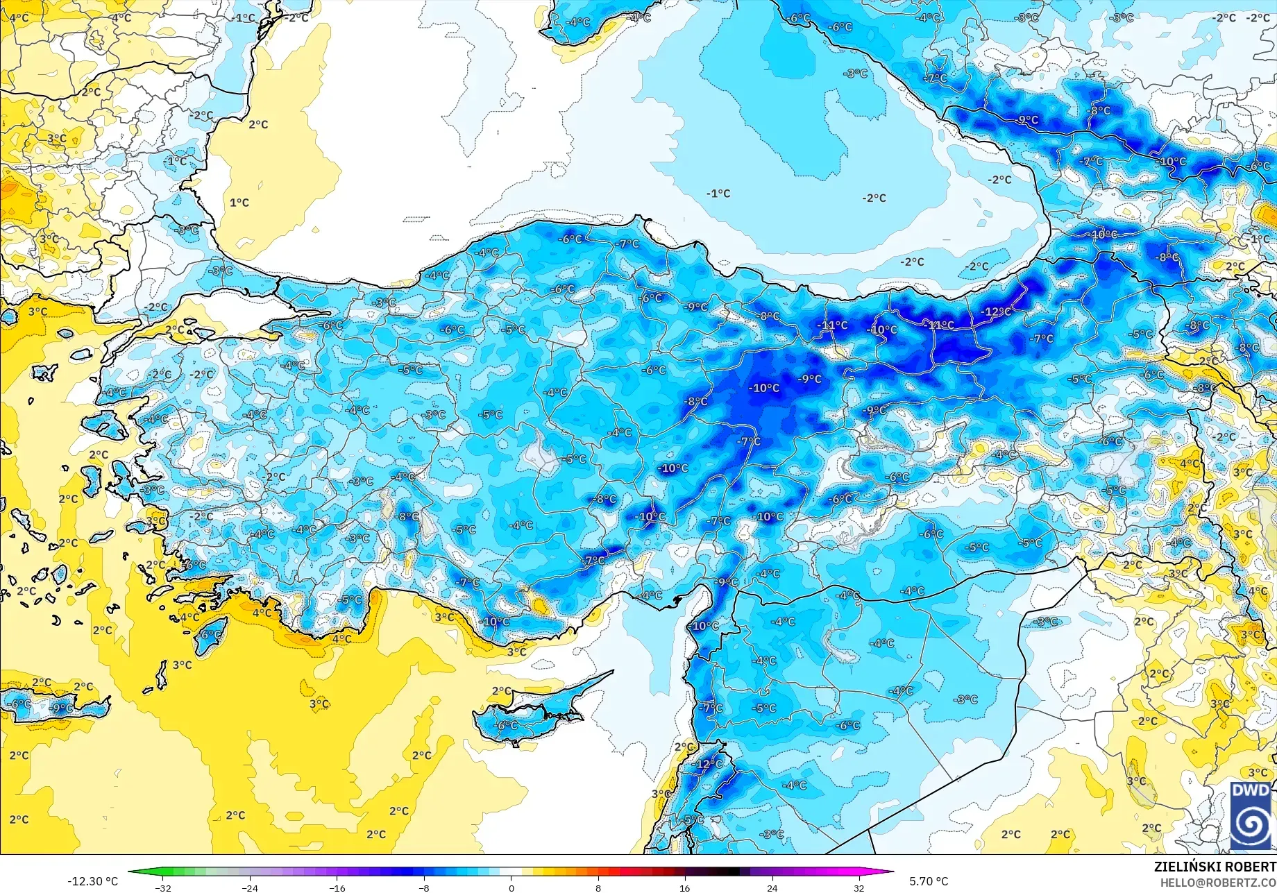 ICON model - Turkey, Temperature at 2m Anomaly
