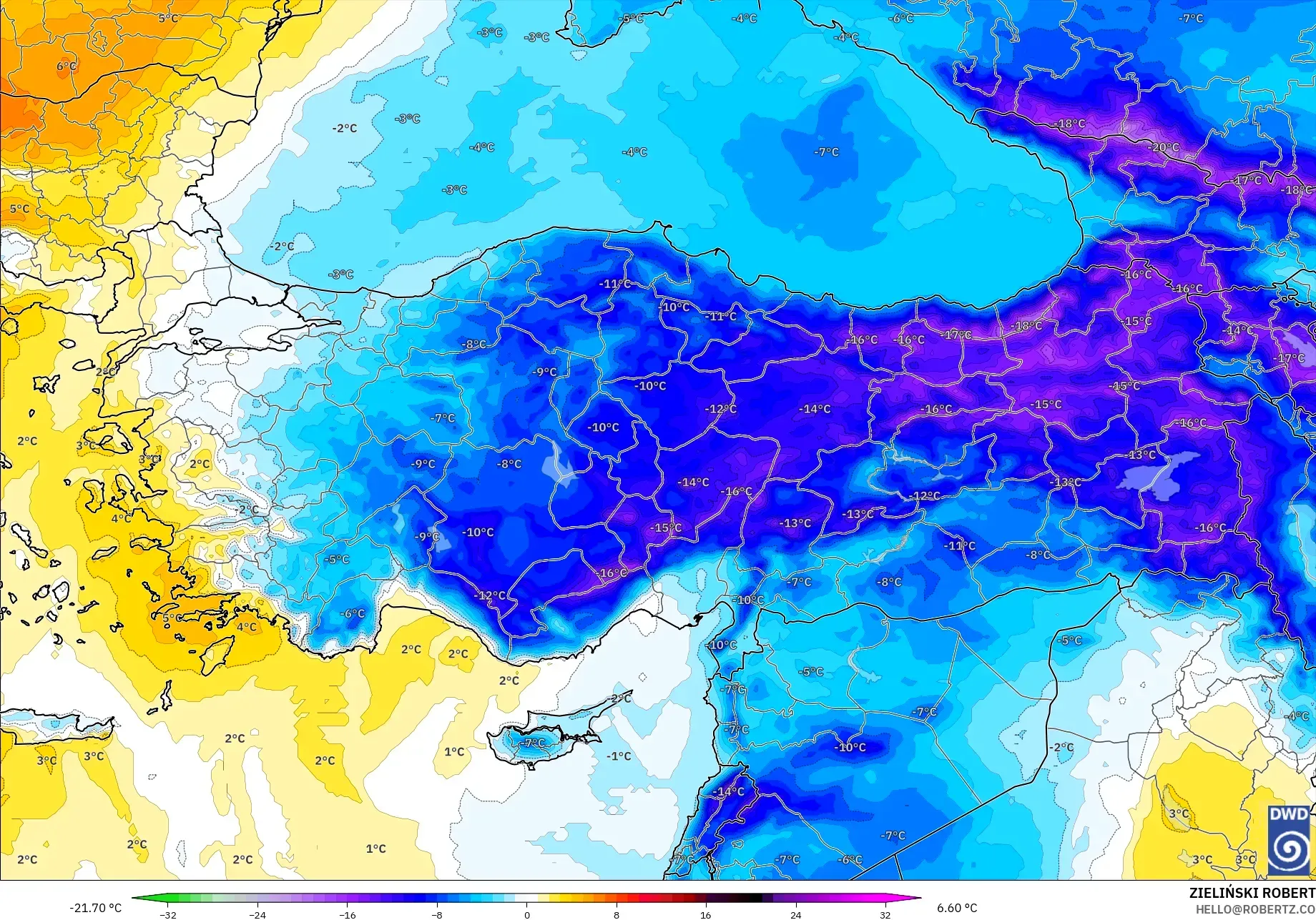 ICON model - Turkey, Temperature at 850hPa Anomaly