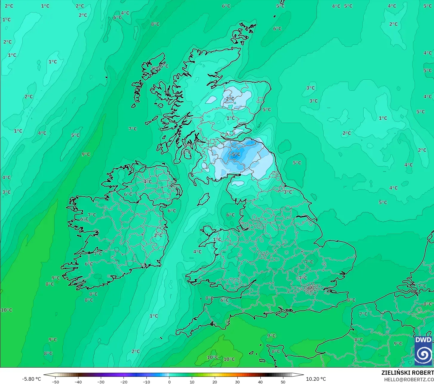 ICON model - United Kingdom, Dewpoint at 2m