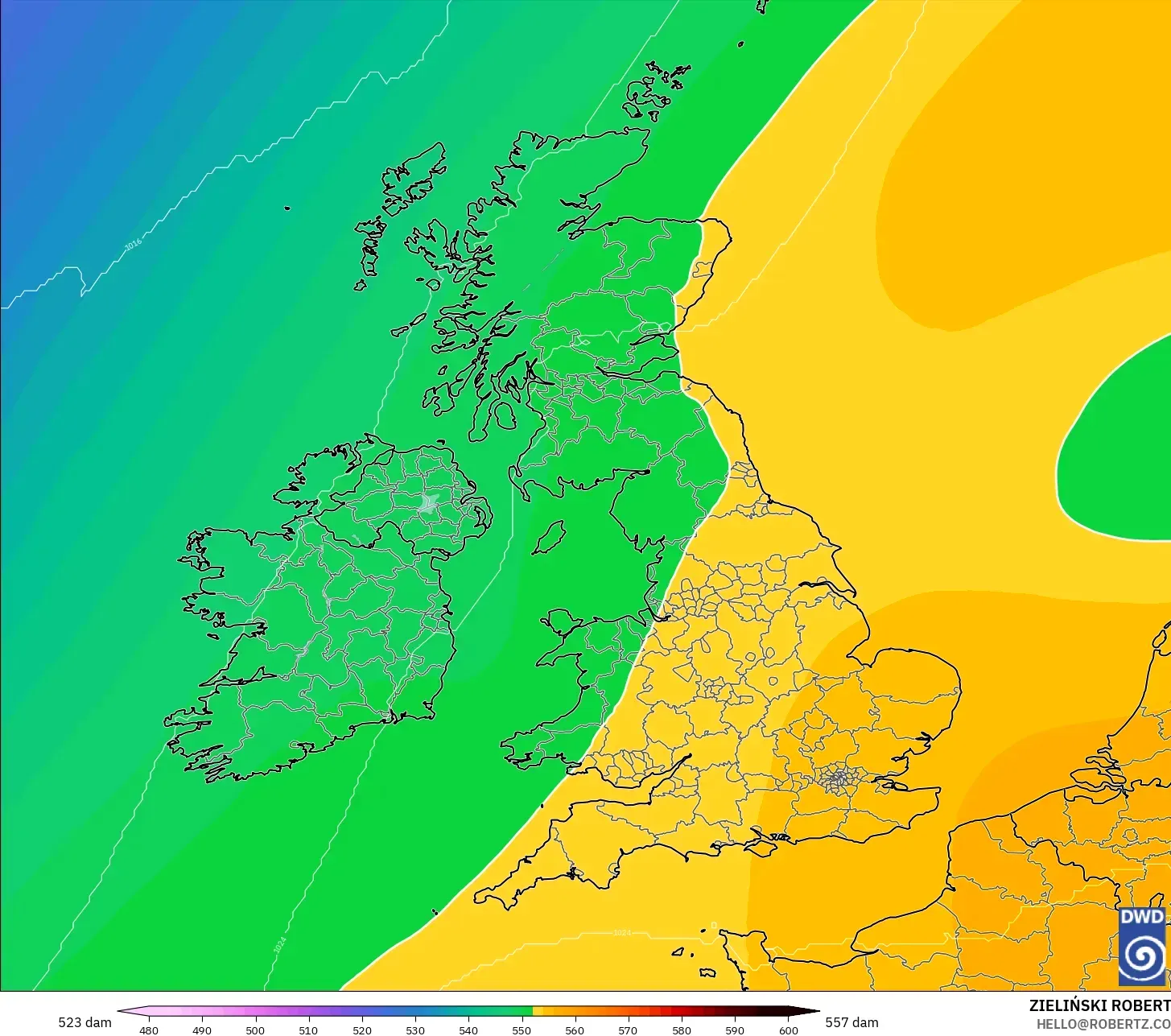 ICON model - United Kingdom, Geopotential height at 500hPa
