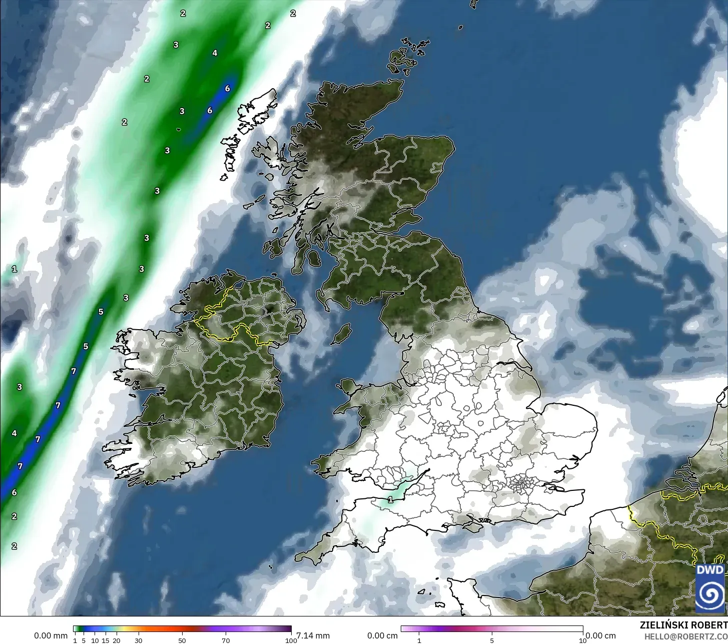 ICON model - United Kingdom, Precipitation, Clouds, and Pressure