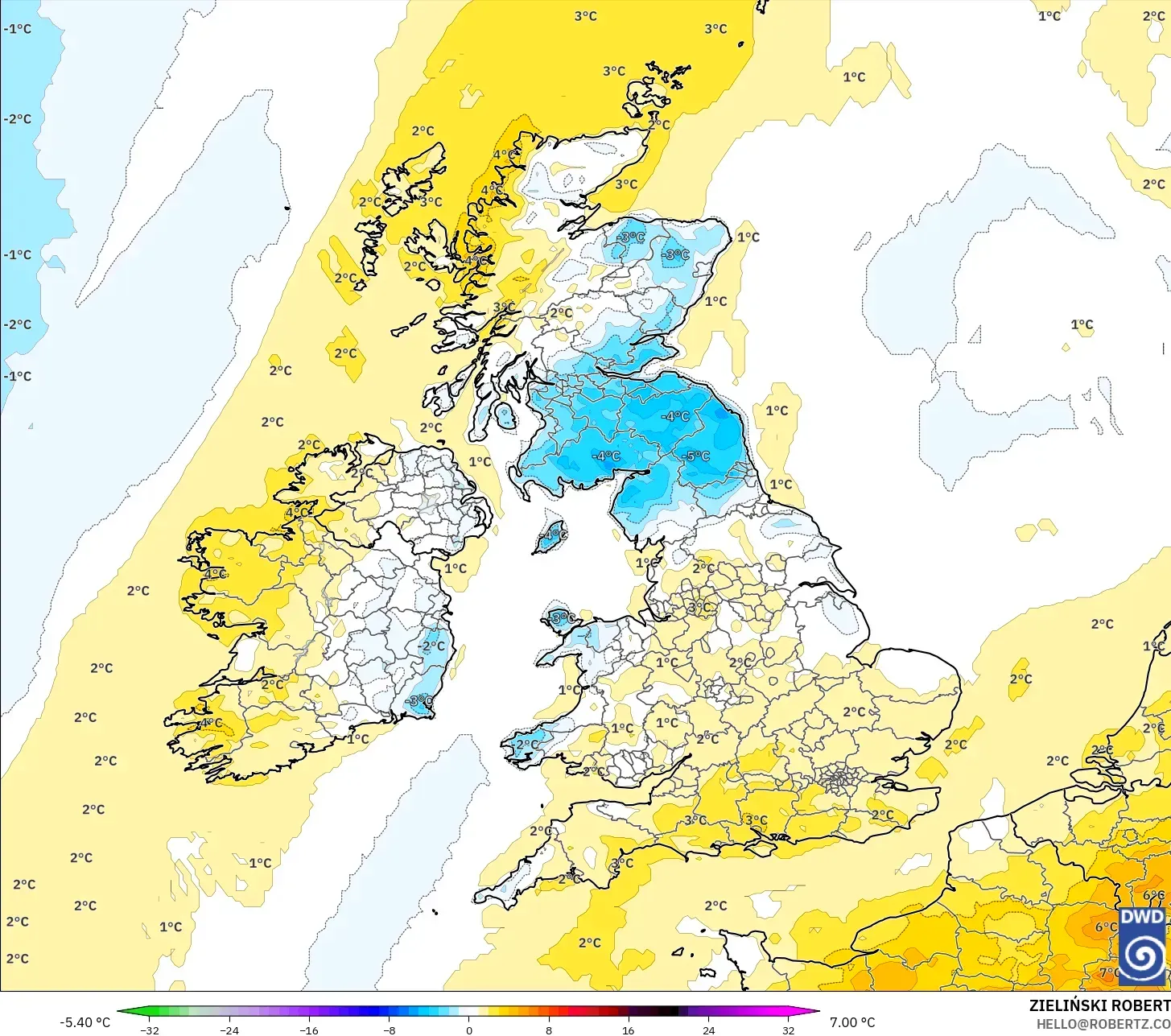 ICON model - United Kingdom, Temperature at 2m Anomaly