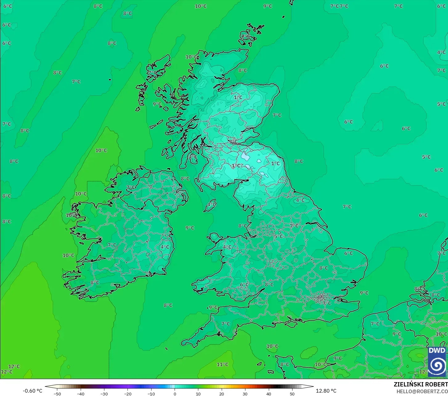 ICON model - United Kingdom, Temperature at 2m