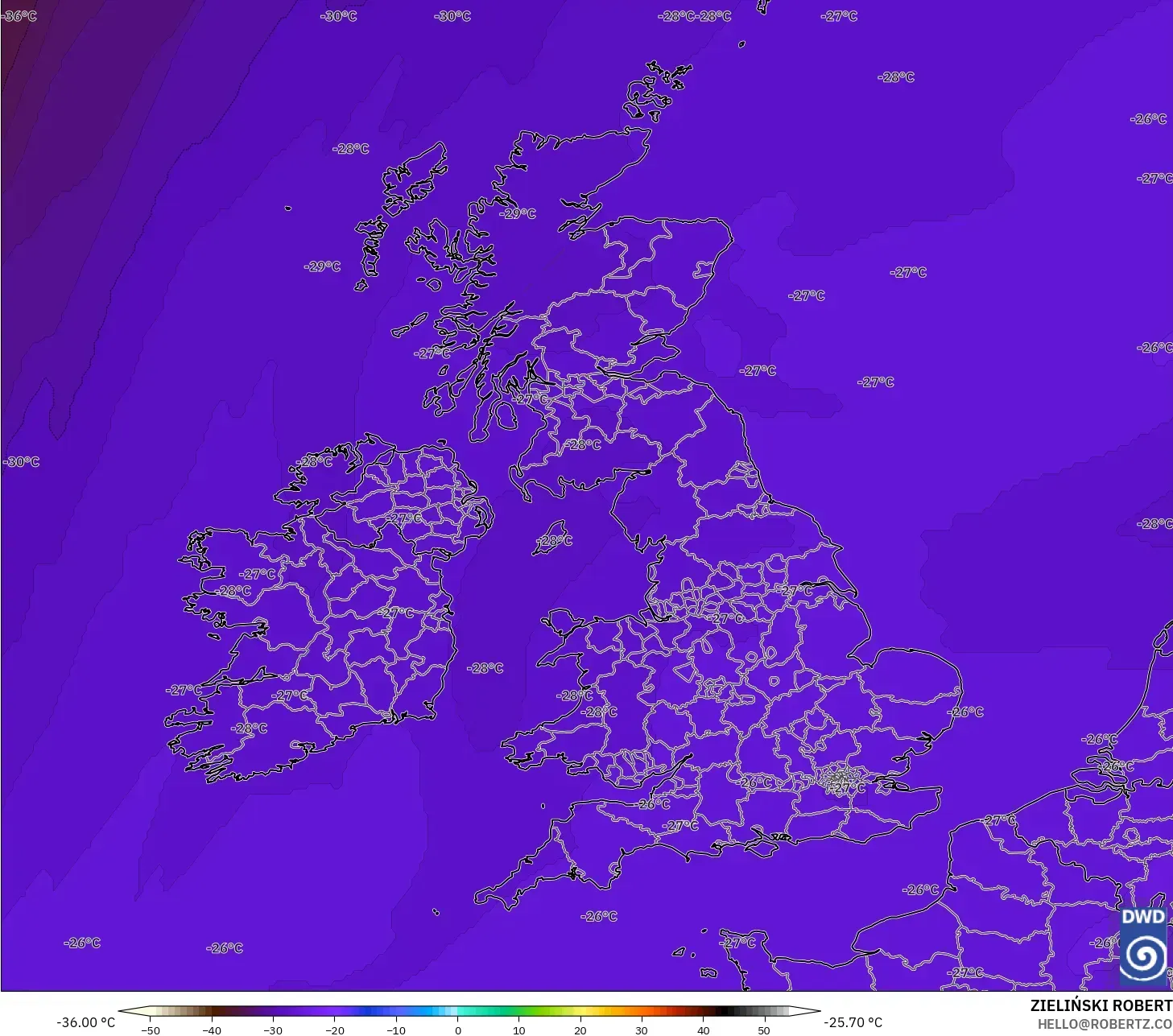 ICON model - United Kingdom, Temperature at 500hPa