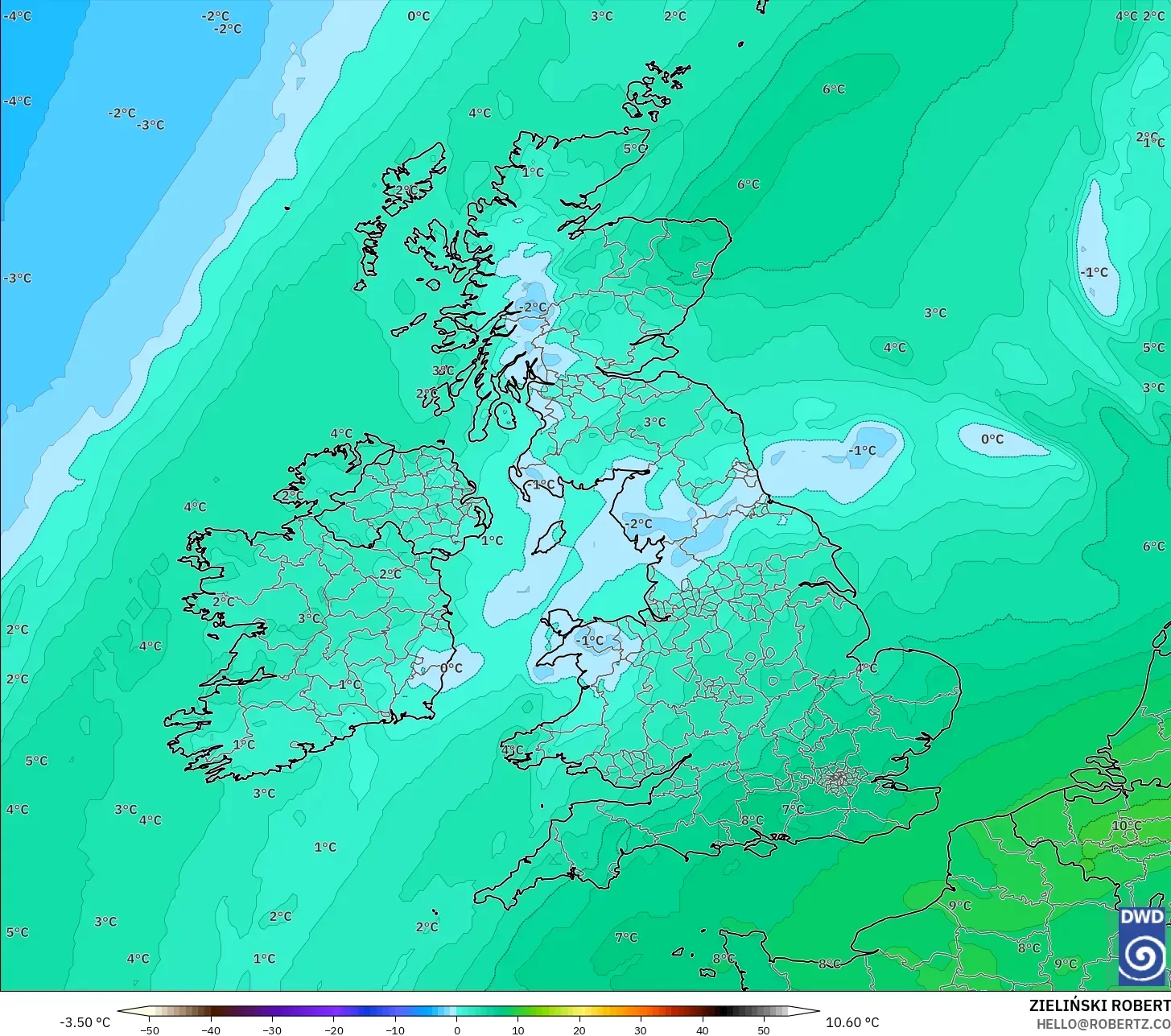 ICON model - United Kingdom, Temperature at 850hPa