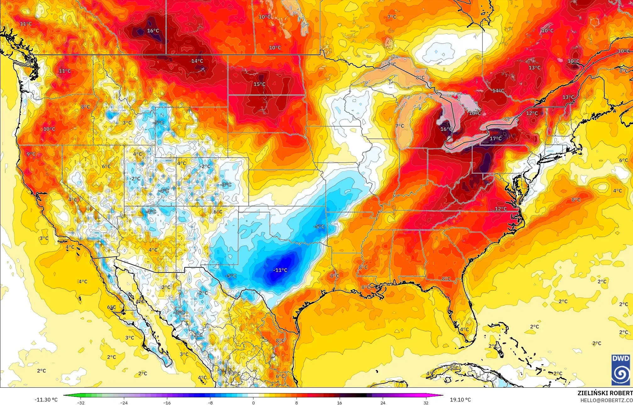 ICON model - United States, Temperature at 2m Anomaly