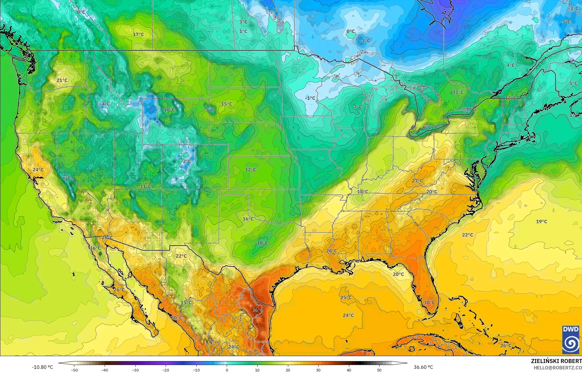 ICON model - United States, Temperature at 2m