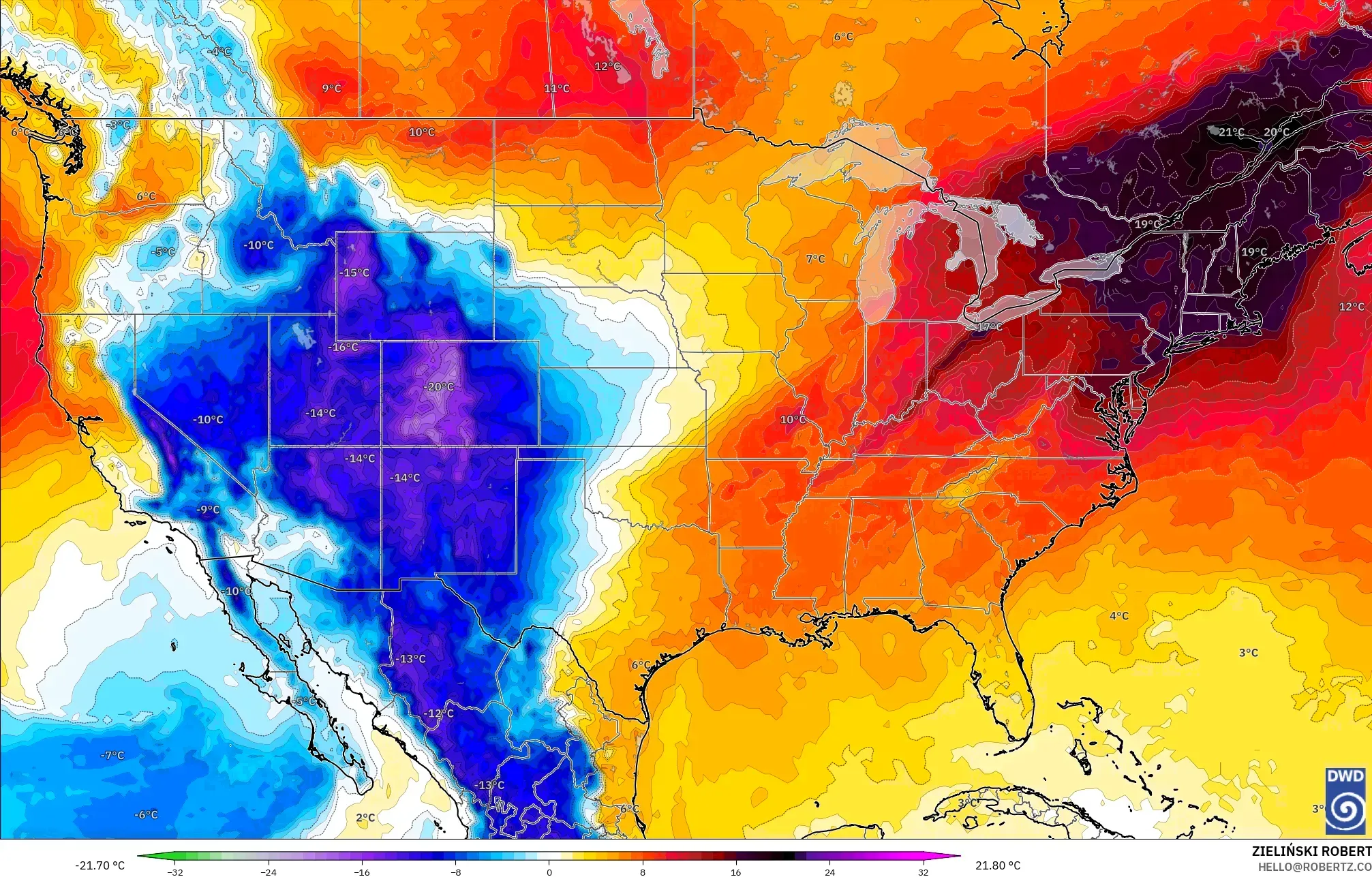 ICON model - United States, Temperature at 850hPa Anomaly
