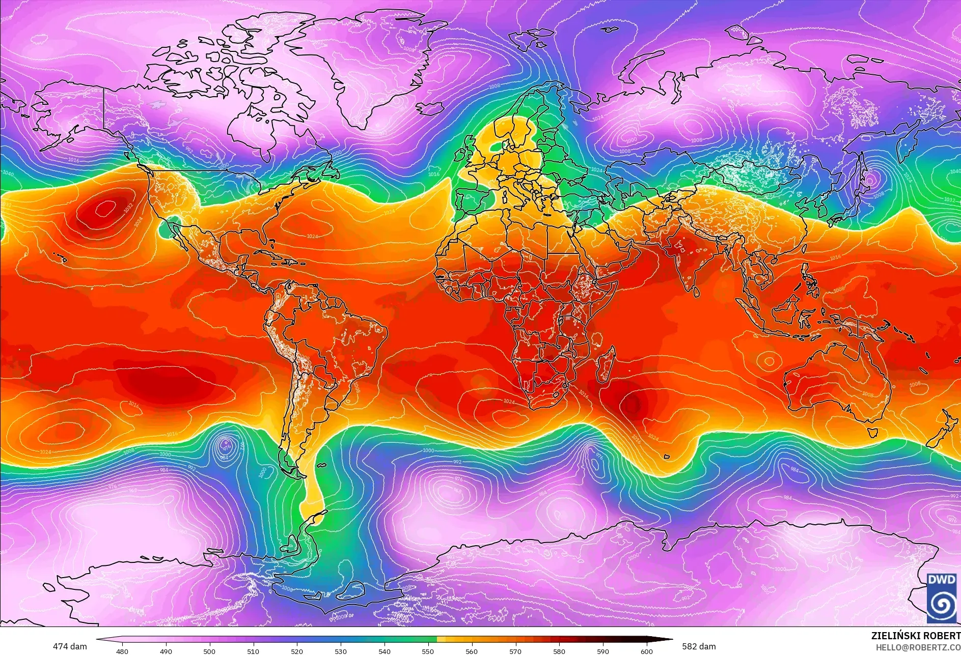 ICON model - World, Geopotential height at 500hPa