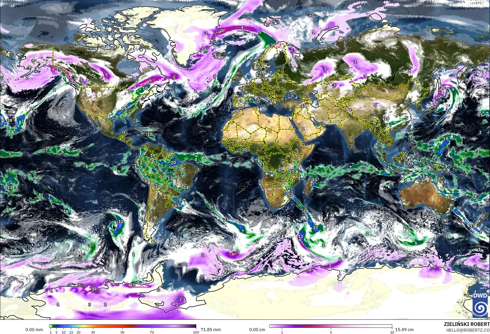 ICON model - World, Precipitation, Clouds, and Pressure