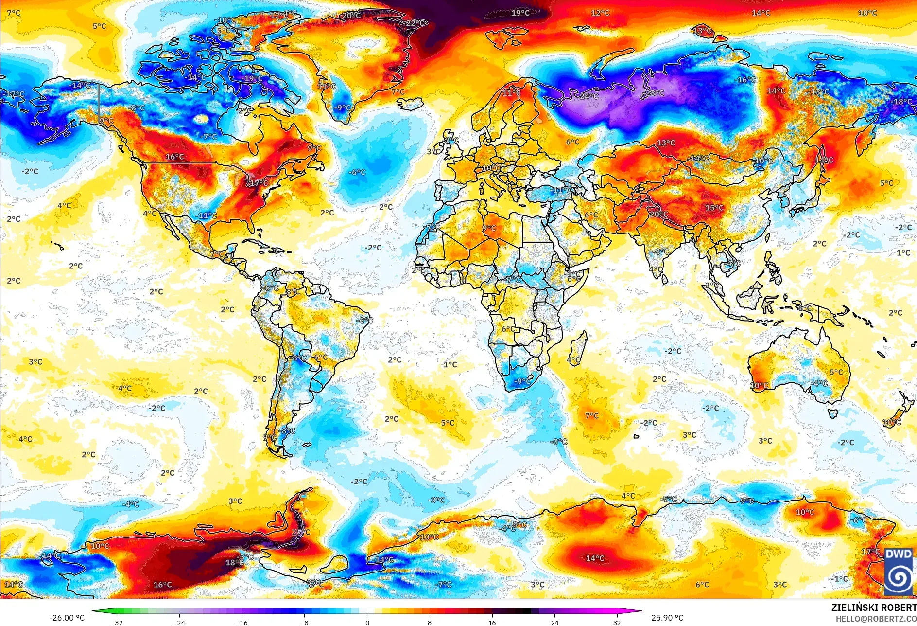 ICON model - World, Temperature at 2m Anomaly