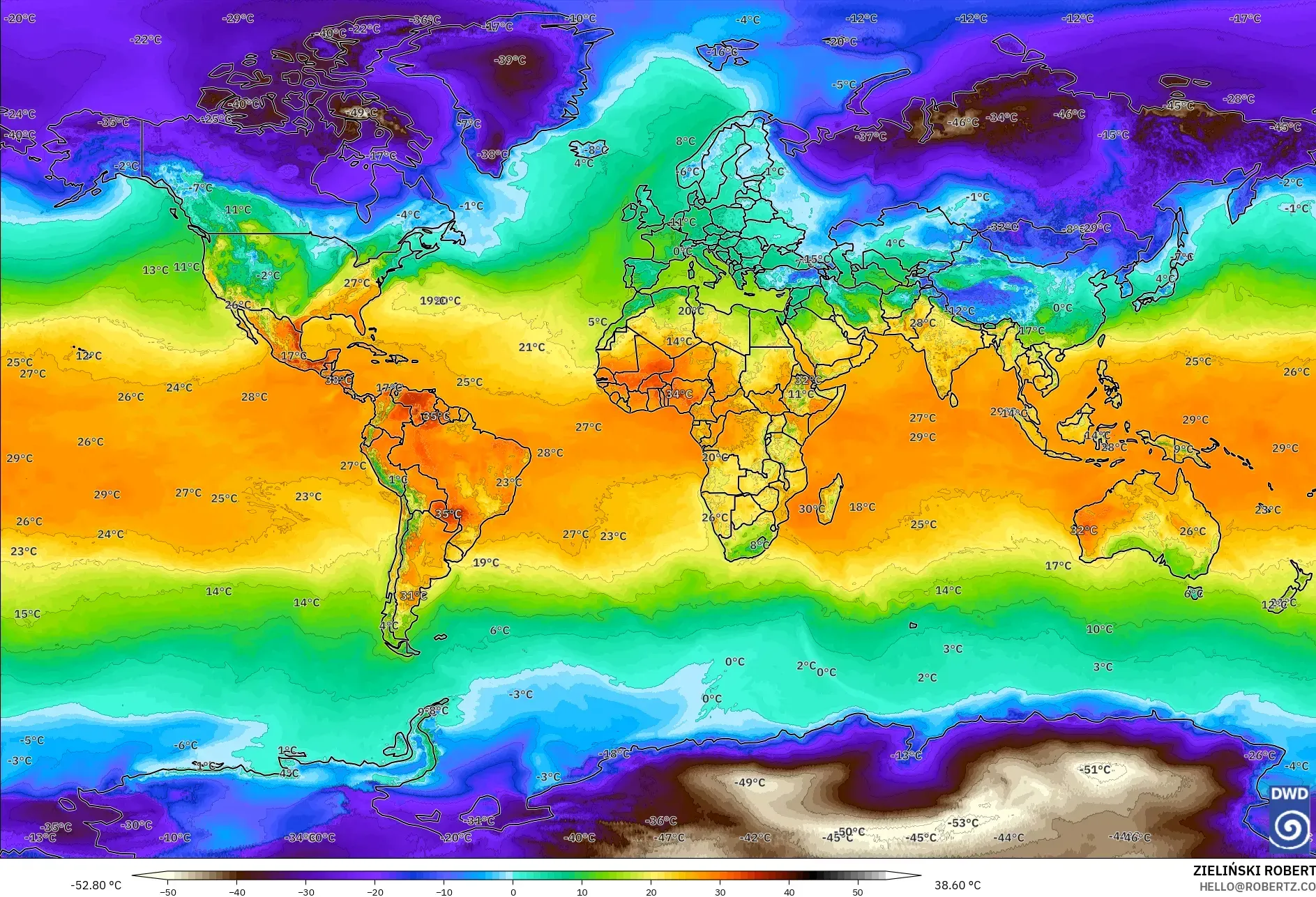 ICON model - World, Temperature at 2m