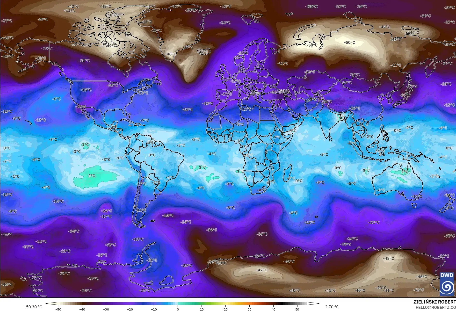 ICON model - World, Temperature at 500hPa