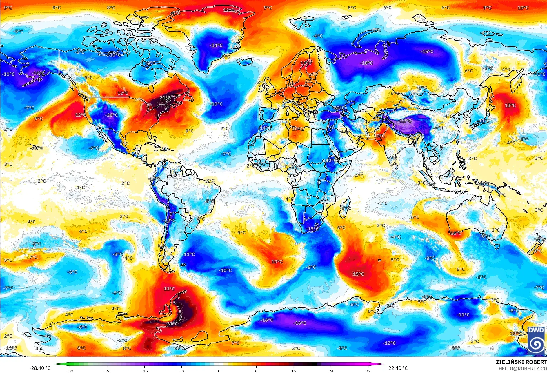 ICON model - World, Temperature at 850hPa Anomaly
