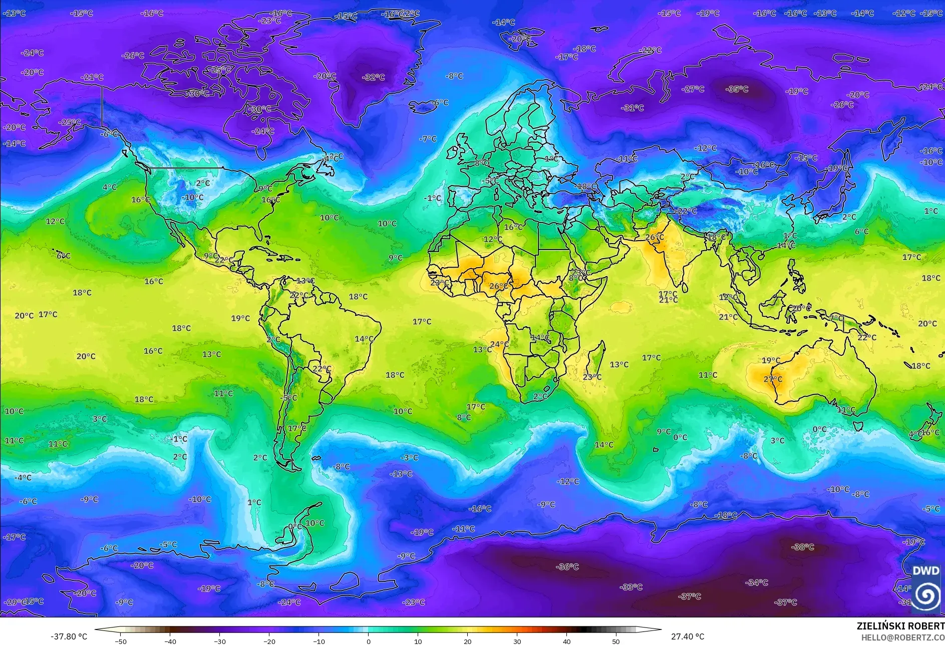 ICON model - World, Temperature at 850hPa