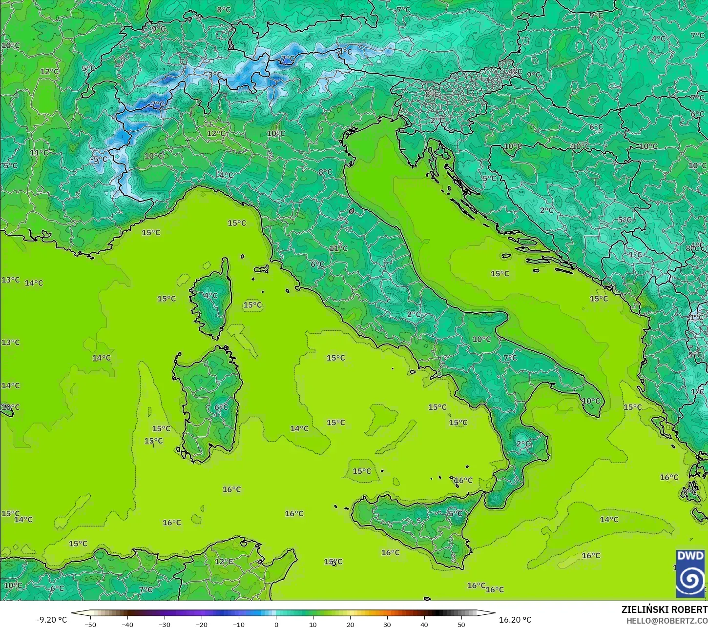 ICON model - Italy, Temperature at 2m