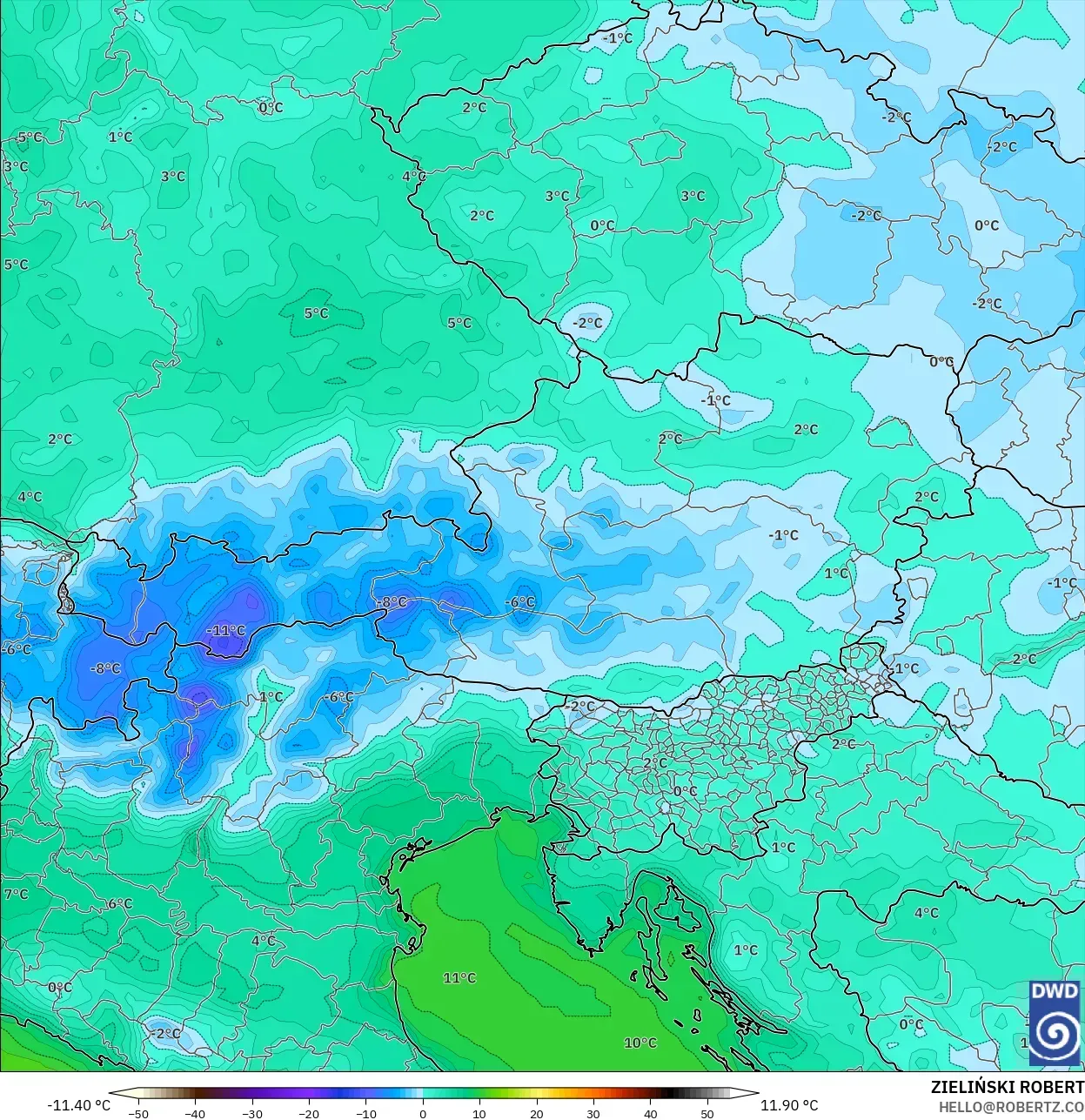 ICON model - Austria, Dewpoint at 2m