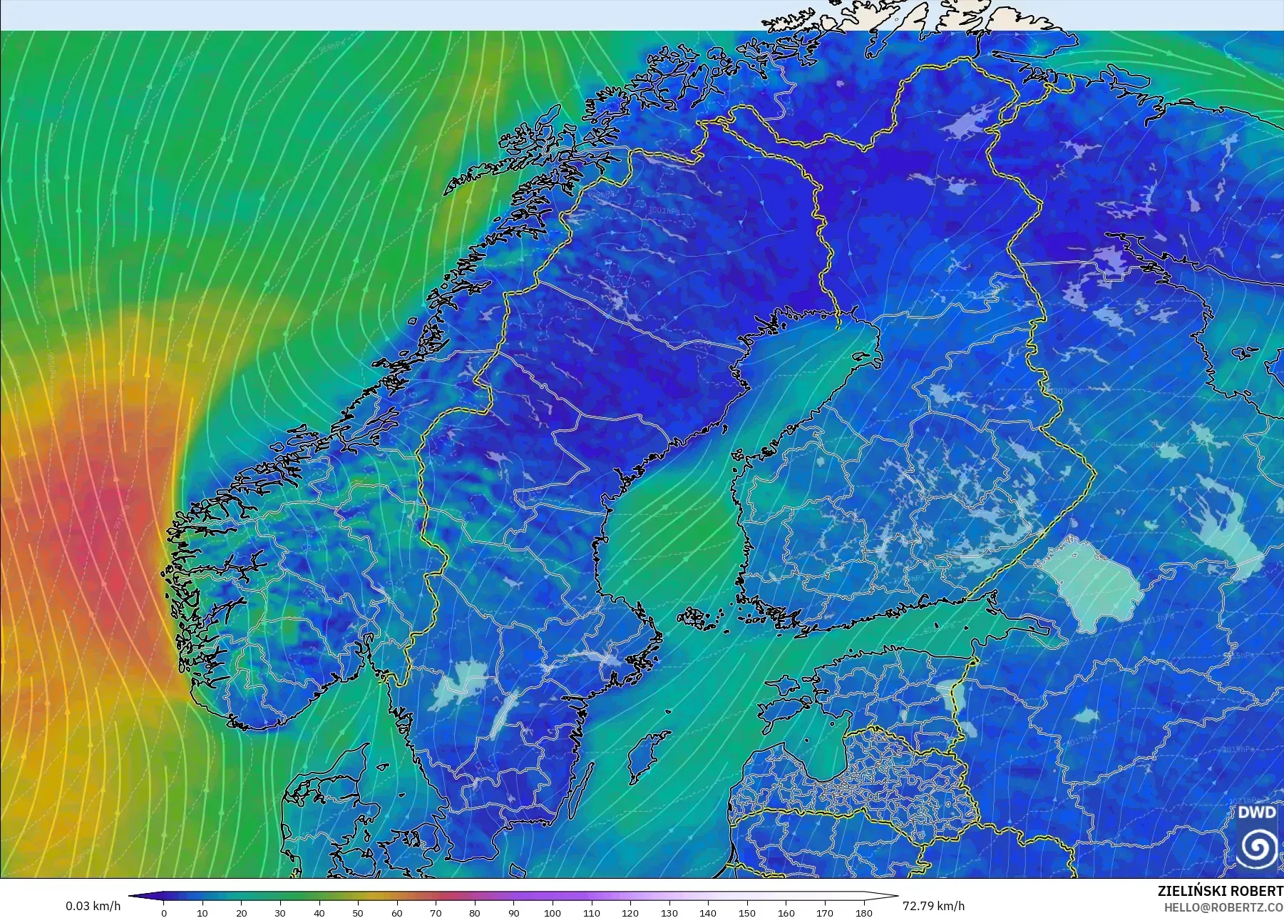 ICON model - Scandinavia, Wind at 10m