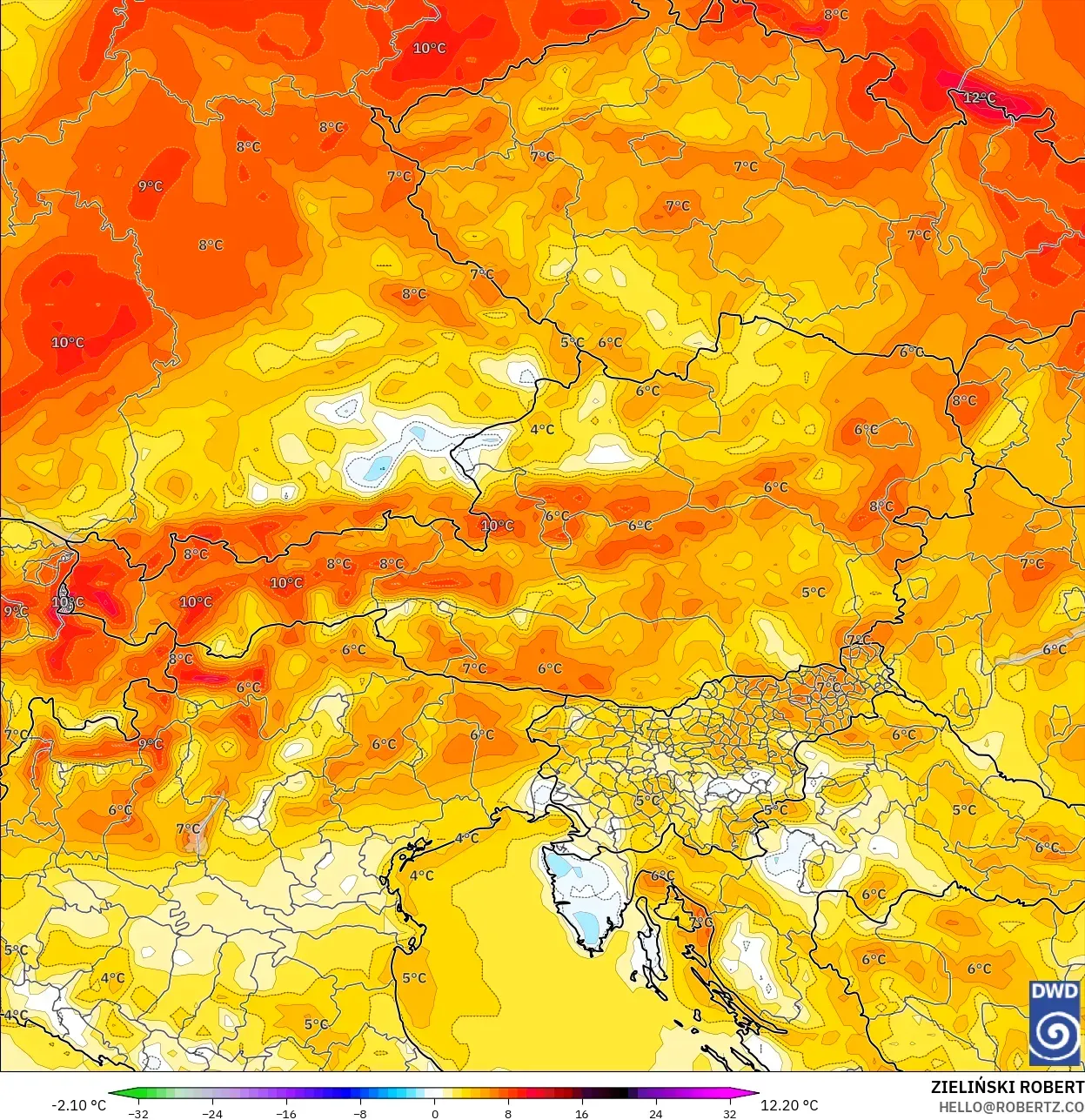ICON model - Austria, Temperature at 2m Anomaly