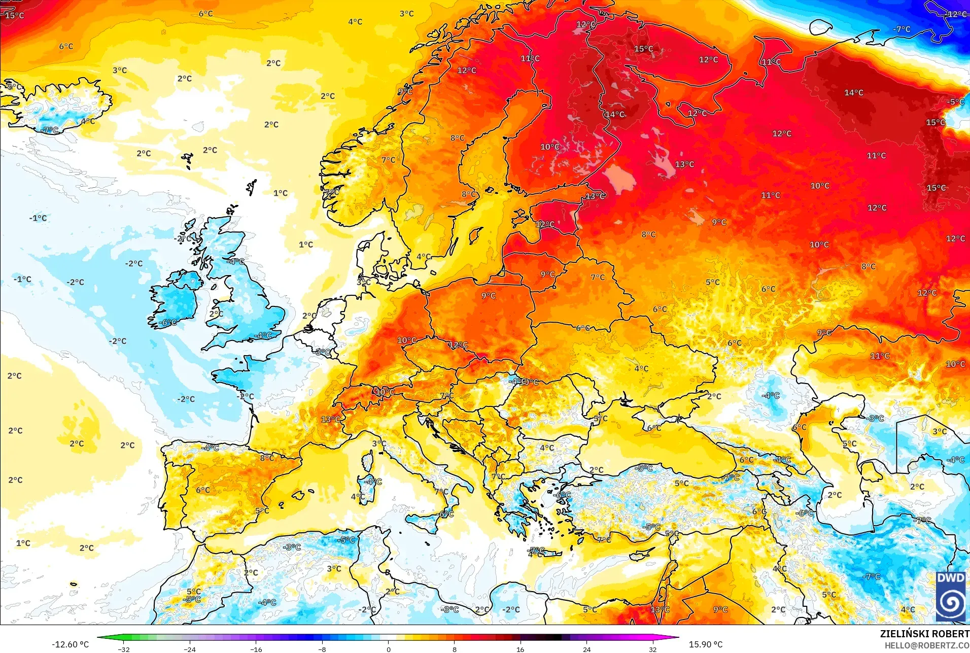 ICON model - Europe, Temperature at 2m Anomaly